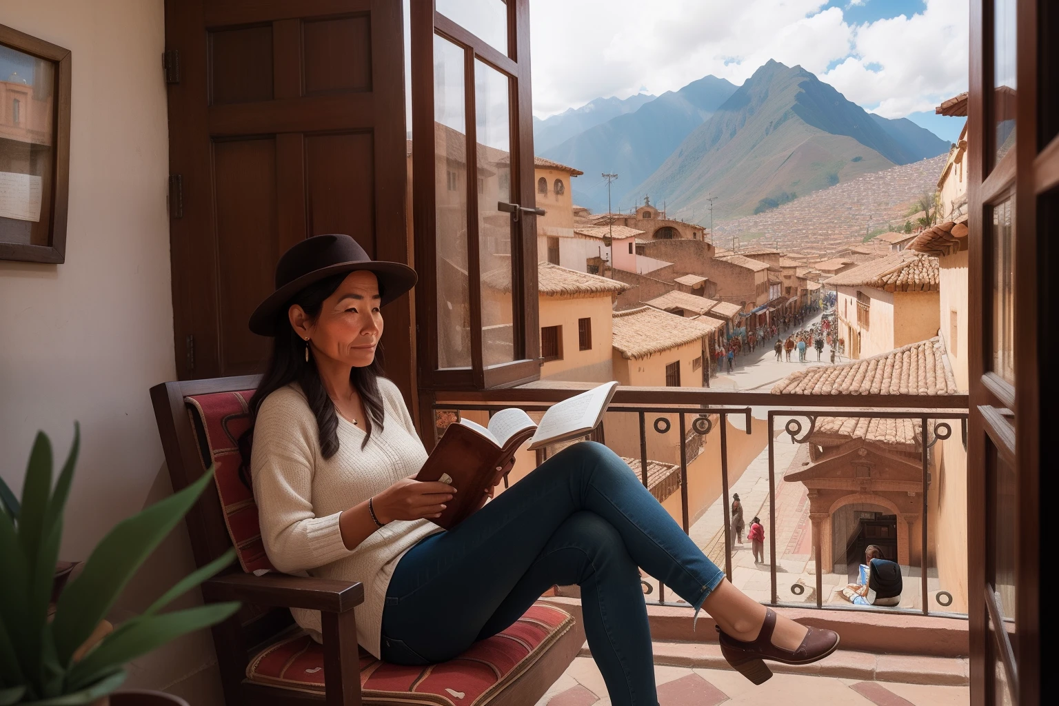 Year: 2021
Country: Peru
Description: At a stylish café overlooking Cusco's historic center, an adult woman relaxes with a cup of artisanal coffee and her well-worn travel journal. The city's iconic red-tiled rooftops provide a backdrop as she jots down her reflections, embodying the fusion of modern comfort and cultural appreciation.