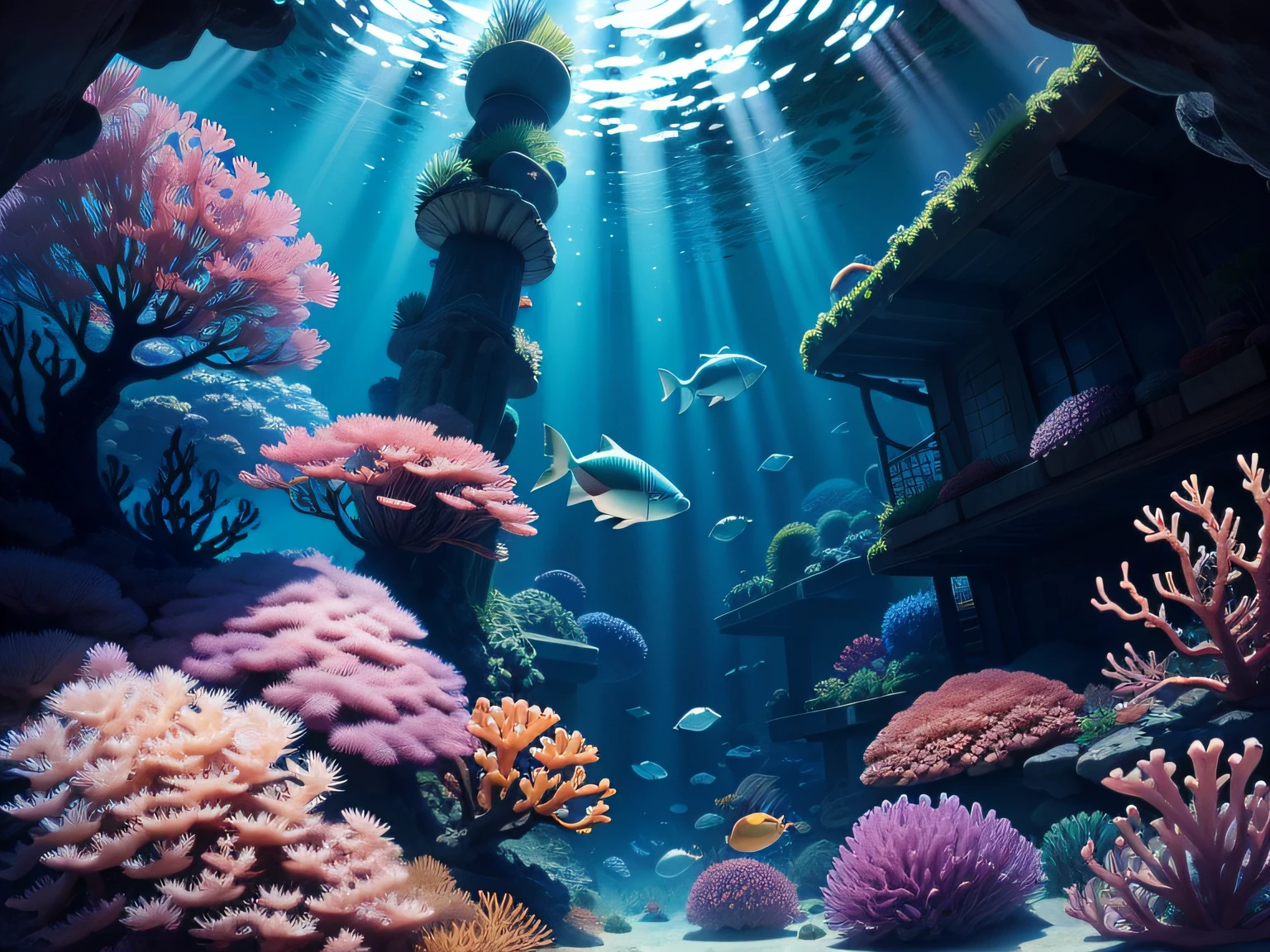 Underwater world，The corals，Turtlen，Plants，Sunlight shines from above，Two-dimensional vector style