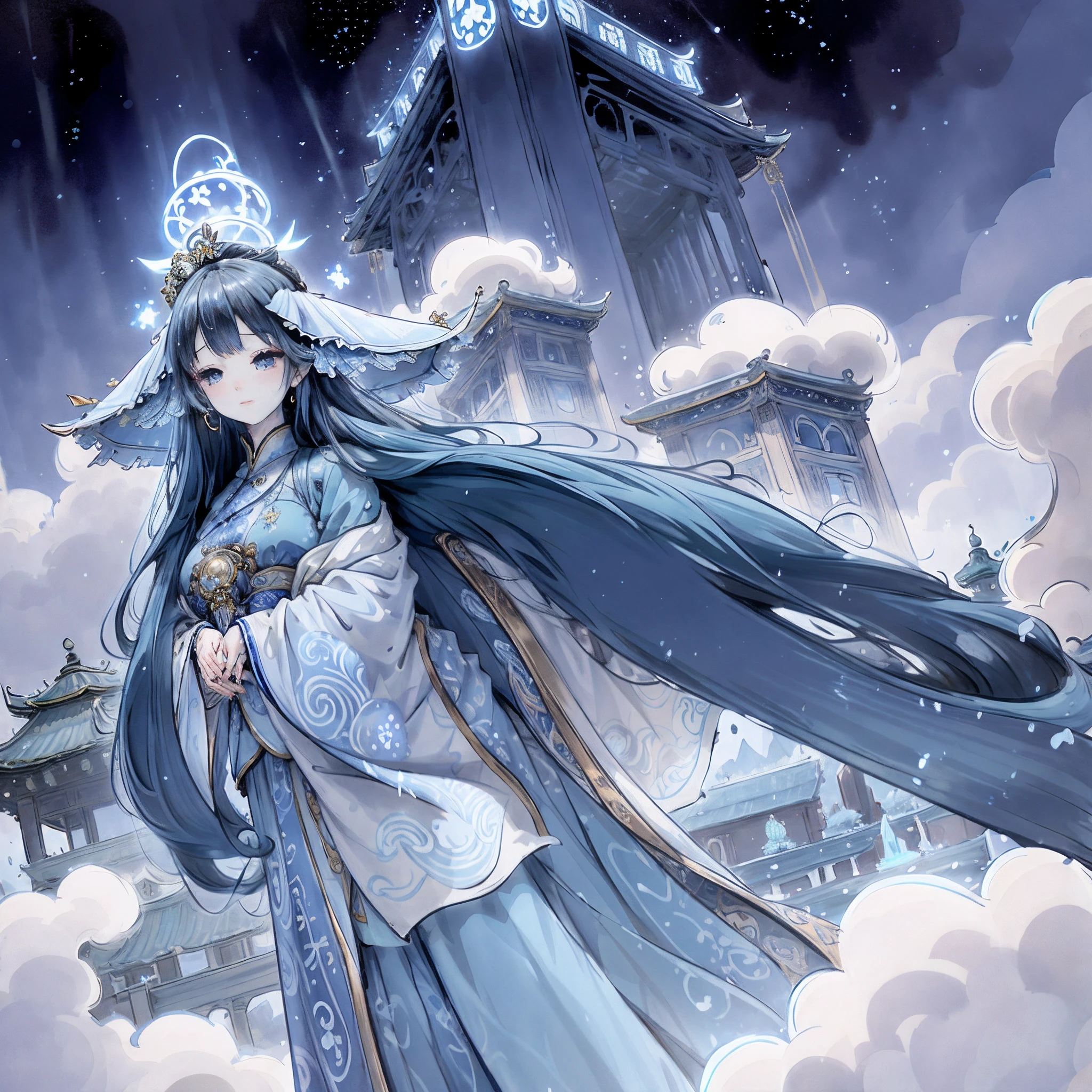 ,Masterpiece, Best quality,8K, 超高分辨率,Under the vast starry sky,A girl in a gorgeous Chinese costume leans against a floating blue cloud。Her eyes twinkled with bright stars,Like the most beautiful meteor in the universe,Exudes a mysterious glow。Her slender fingers gently fiddled with the fan in her hand,The fan depicts a delicate blue and white porcelain pattern,It is as if it is one with the stars around it。 The surrounding environment is also full of old art。Several huge palace-like buildings float in the starry sky,Every corner of the building is carved with exquisite blue and white porcelain motifs,Exudes an ancient and mysterious atmosphere。The light of the starry sky is projected on the building,Brilliant colors are reflected,This makes the whole scene feel like you're in a fantastic mythical world。 in distance,A wide and rushing river meanders through,The river is sparkling,Like a lifelike ink painting。The banks of the river are lined with trees,An ancient and majestic bridge spans it,The bridge is inlaid with ornate blue and white porcelain motifs,Each tile is carefully carved,The vivid images seem to transport people into an ancient and mysterious world。 And behind the girl,It is a majestic mountain,the peaks are towering,surrounded by cloud,It's like a stairway to heaven。The hill is dotted with many ancient temples and palaces,Their walls are painted with splendid blue and white porcelain patterns,Each pattern has its mysterious meaning。 The whole scene is filled with a mysterious and ancient atmosphere,It makes people feel like they are in a dream world。The girl's smile was bright and warm,Her figure is elegant and dignified。In this fantastic picture,She became the embodiment of ancient art,Exudes endless charm and temptation。