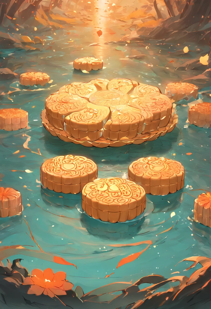 4 Mooncakes form a creative stage,Scene of a river flowing,Bright moon,best qualtiy,3D modeling rendering,C4D style,wide wide shot,8K,