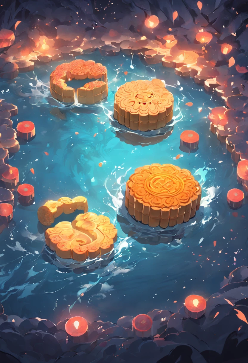 4 Mooncakes form a creative stage,Scene of a river flowing,Bright moon,best qualtiy,3D modeling rendering,C4D style,wide wide shot,8K,