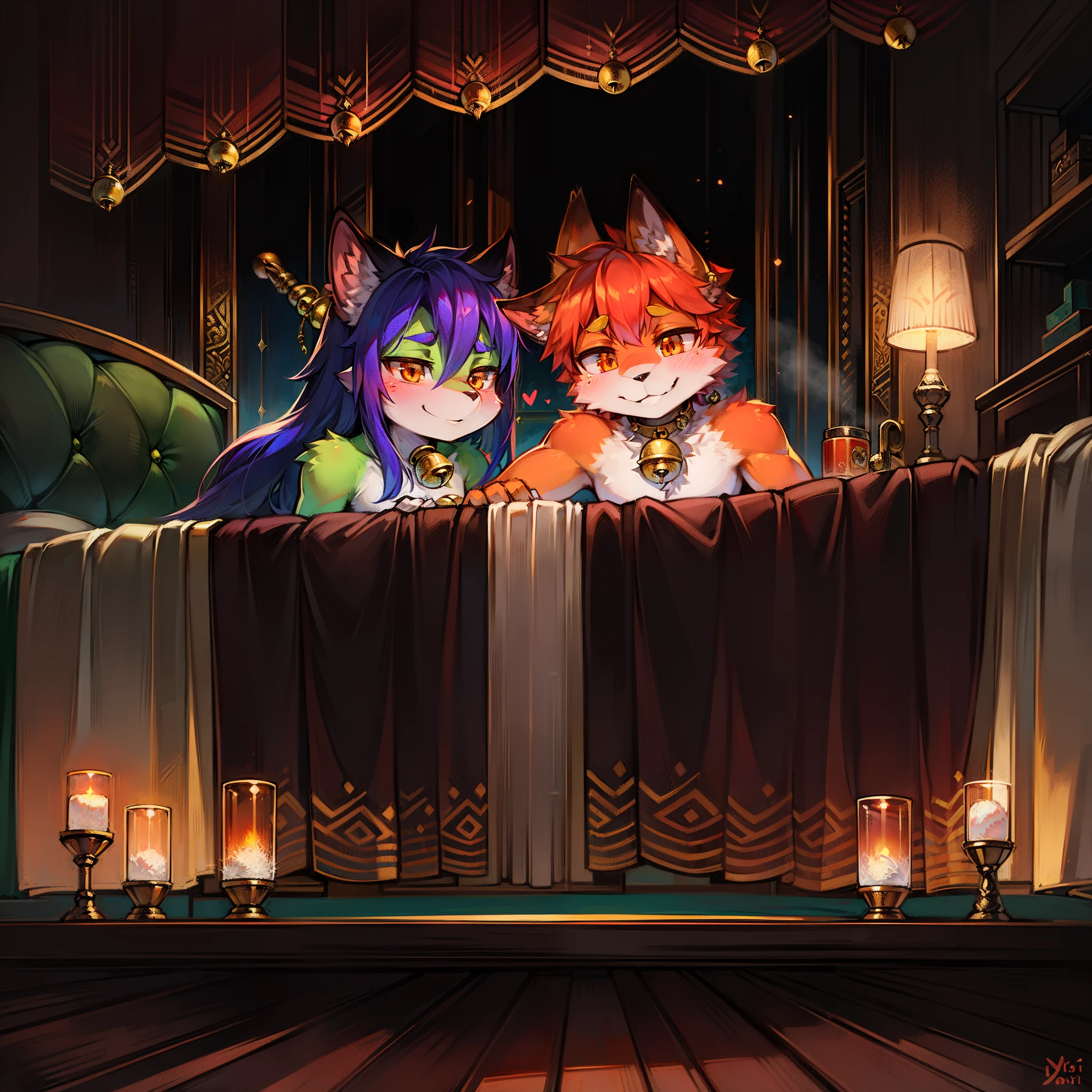 Sharp focus,Blushlush,niji,Orange_Eyes,Looking_at_peeping at the viewer,Smile,Furry,Animal_Ear_vellus hair,The upper part of the body,coda,Orc symbaroum,period costume,Light effect,red fox,classical,bell,vacuum,binding,enjoying,onbed
