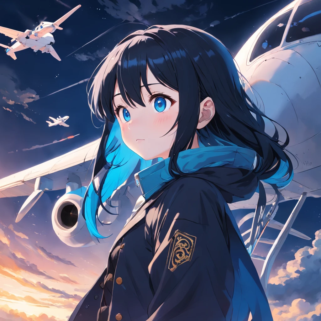 Black-haired and blue-eyed girl,in an airplane
