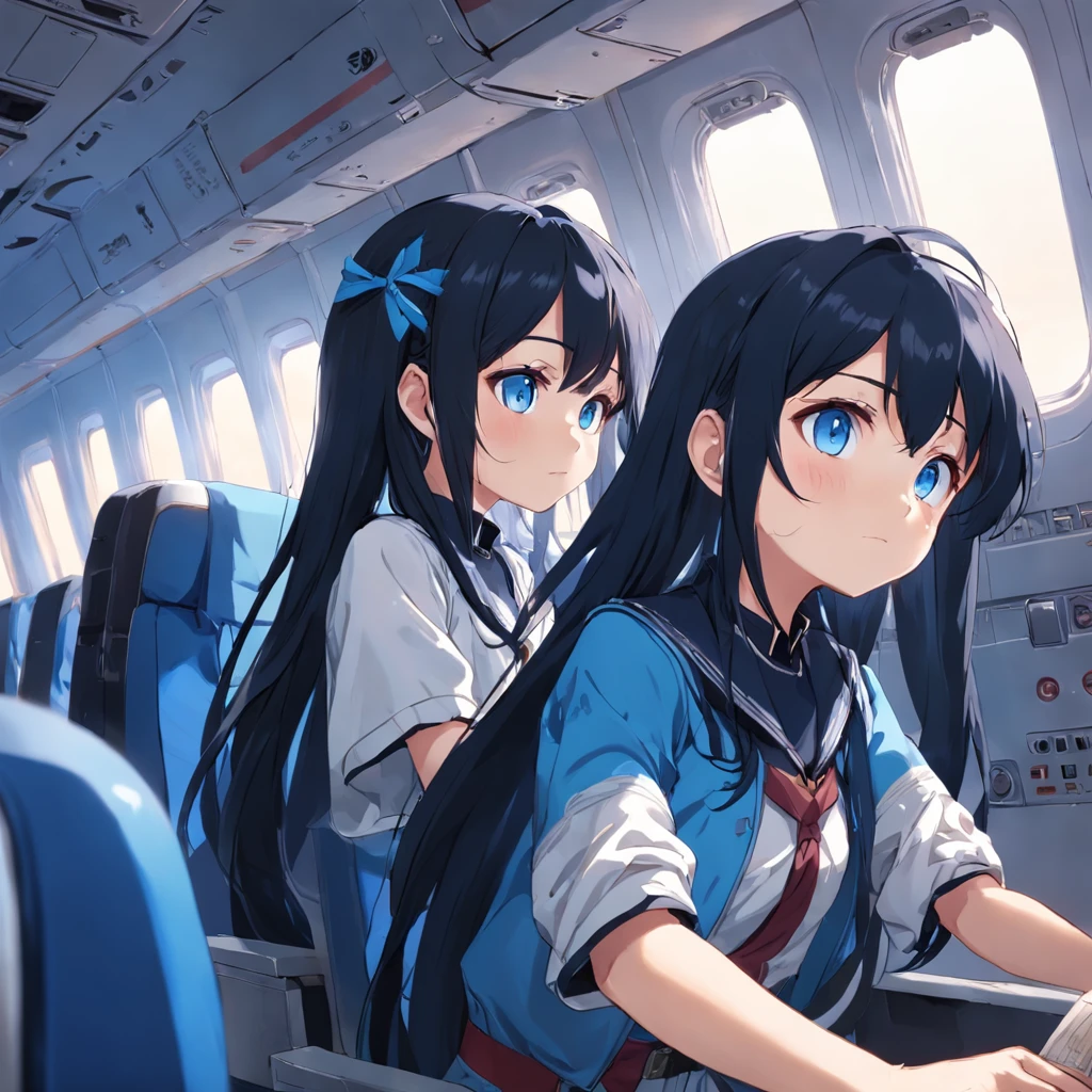 Black-haired and blue-eyed girl，in an airplane