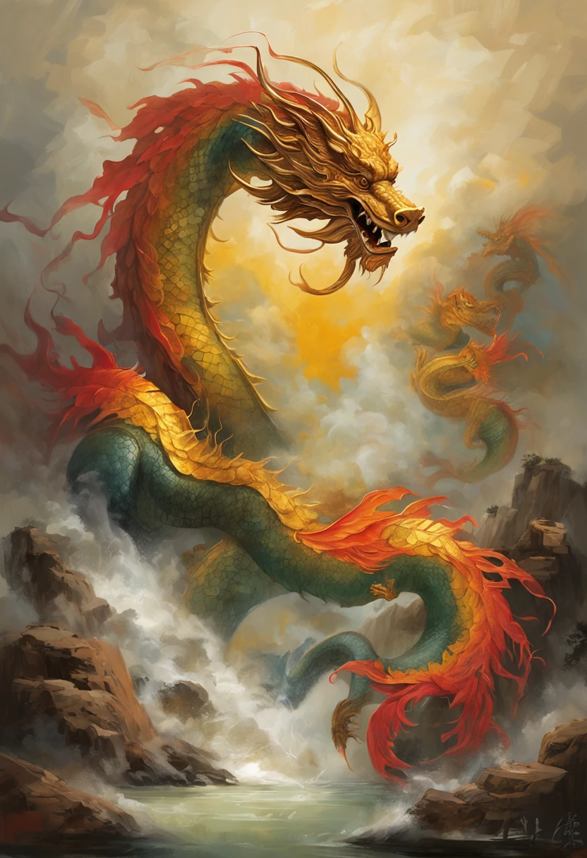 Vickers style, , Chinese dragon in ink painting style,, Chinese mythical painting legends, Super sharp,Realistic details,Auspicious clouds, depth of fields, God Ray, fantasy coloring, romanticism lain, art-deco, Cinematic lighting, Depth of field, Sparkle, god light, Ray tracing, Ultra-wide angle, first person perspective, Wide shot, hyper HD, High quality, High details, Textured skin, Best quality
