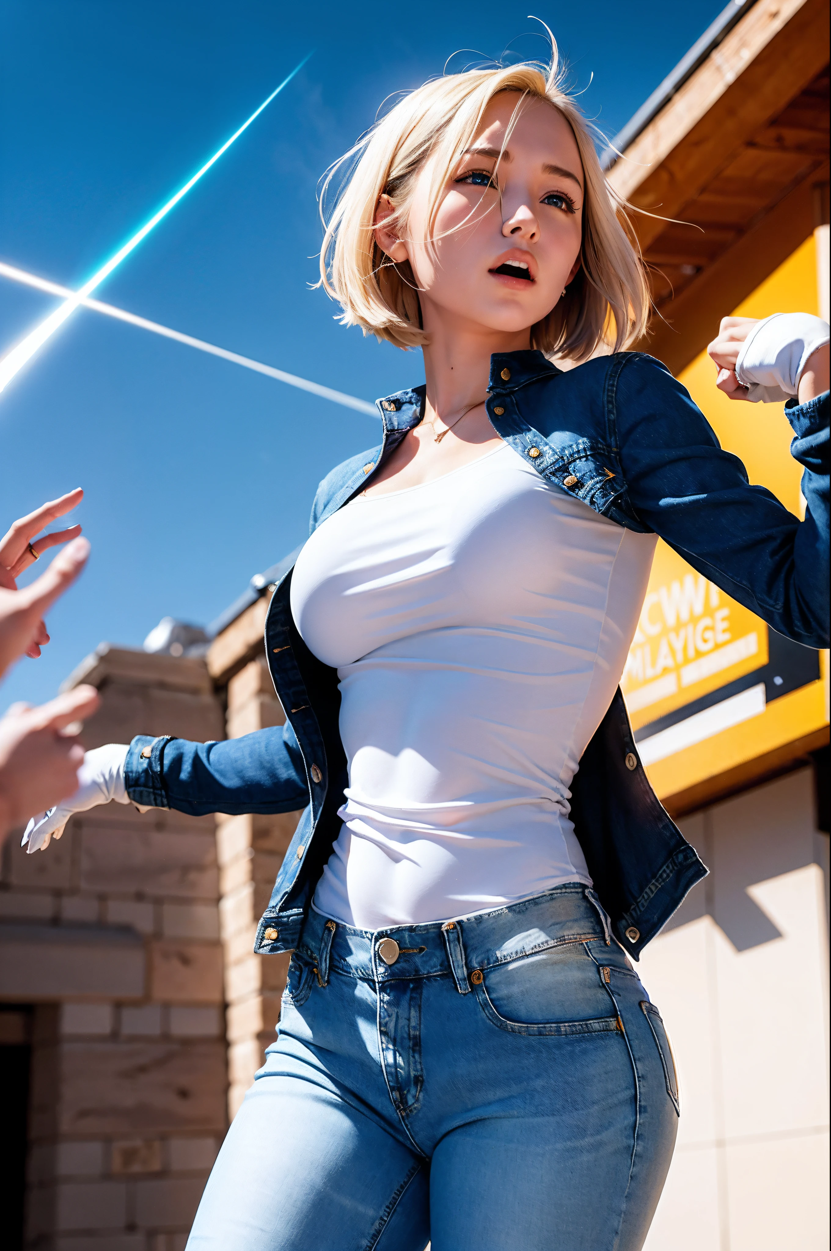 (((1 fille, mignon, veste en jean, haut blanc, jeans, Gants, Blond, Cheveux courts, Bob Hair, cheveux separés lateraux, yeux bleus))), (((cheveux blonds))), poses dynamiques, Manga Style, depicting a group of characters in various action scenes, These intense combats aux moments of légèreté, avec des lignes de vitesse spectaculaires et des effets sonores audacieux, capturing the excitement and energy of the story, Rayons laser de la paume de la main, Attaque contre l&#39;advance with the pace, parc de Yellowstone, Grand Canyon,