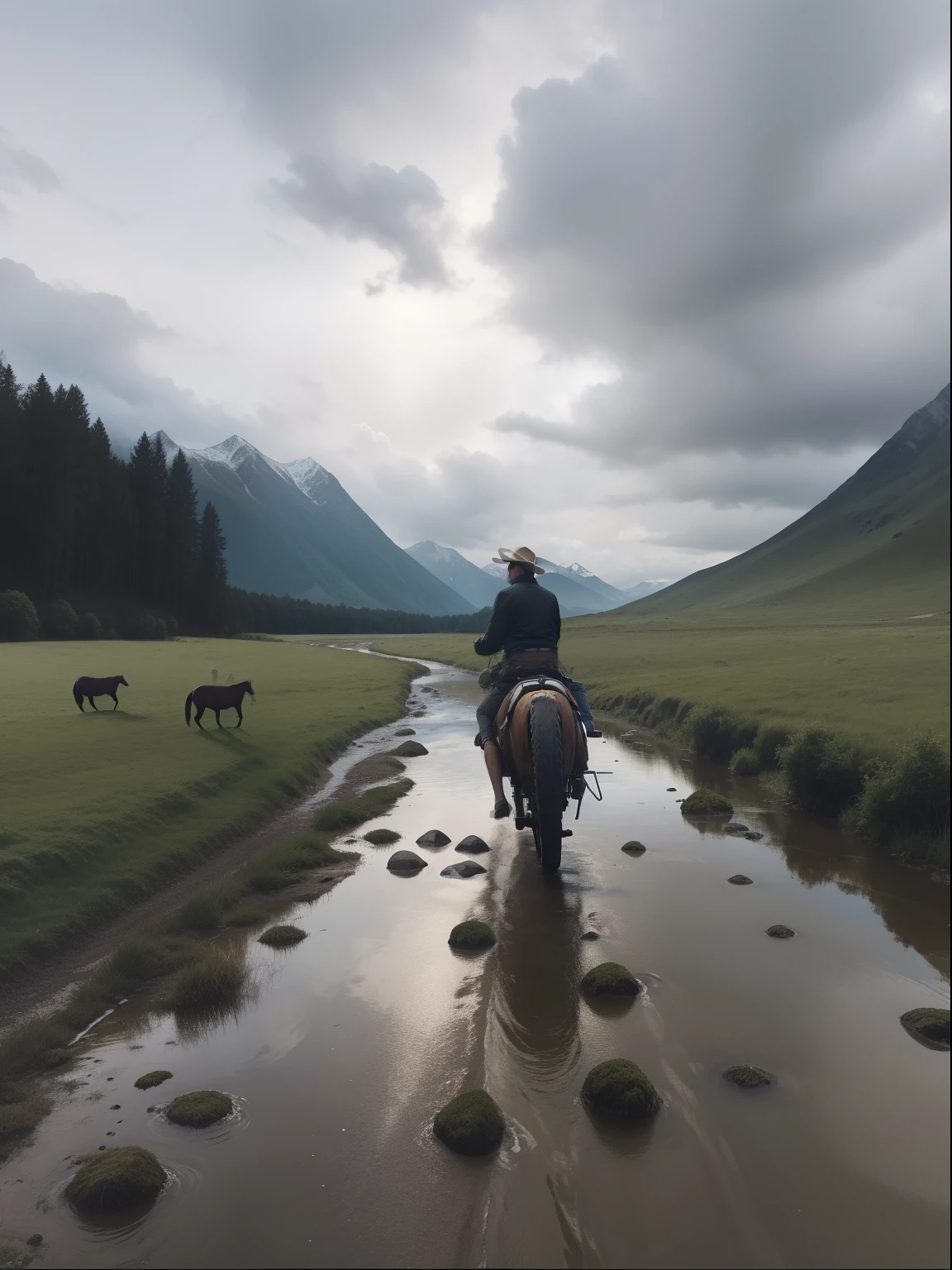 A middle-aged man rode in the middle of a stream，Lots of small grass and animals around，Further afield there are mountains，surrounded by cloud