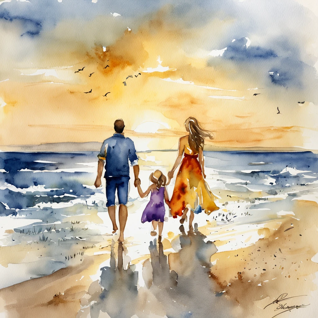a family of four walking down the beach, sunsetting, golden beach, four people hand-by-hand
