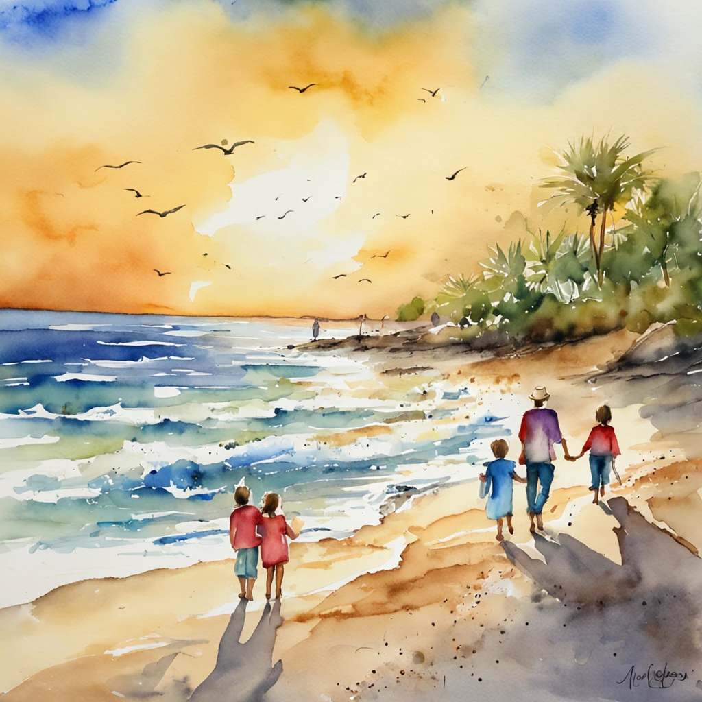a family of four walking down the beach, sunsetting, golden beach, four people hand-by-hand