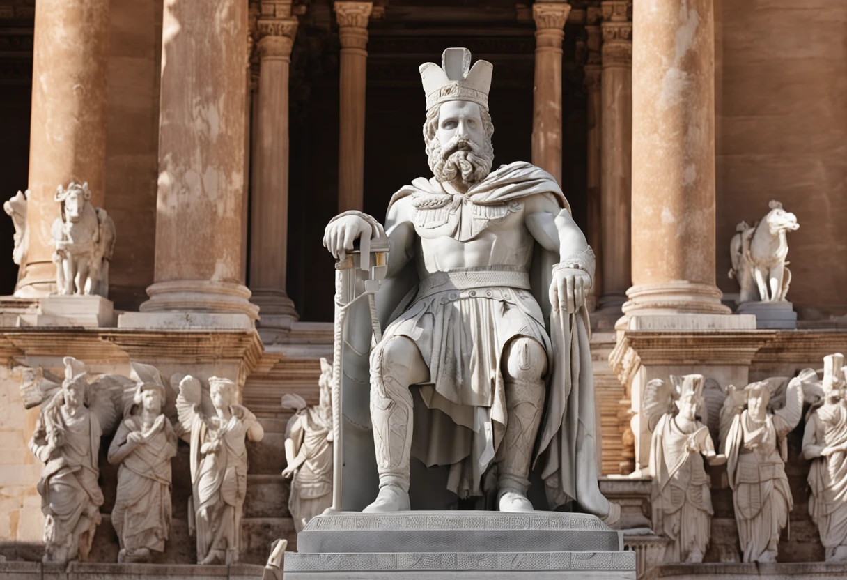 Stone statue sculpture of the emperor of the Bright Empire,Dressed in a marshal uniform,Holding a long sword,Sit upright in a chair。Background of the Temple of Jupiter Capitoline on Capitoline Hill in Rome,A Greek statue resembling Ares, foreground, 8K,