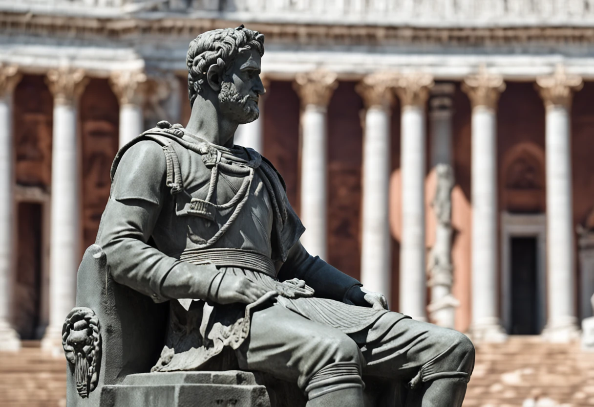 Stone statue sculpture of the emperor of the Bright Empire，Dressed in a marshal uniform，Holding a long sword，Sit upright in a chair。Background of the Temple of Jupiter Capitoline on Capitoline Hill in Rome，A Greek statue resembling Ares, foreground, 8K,