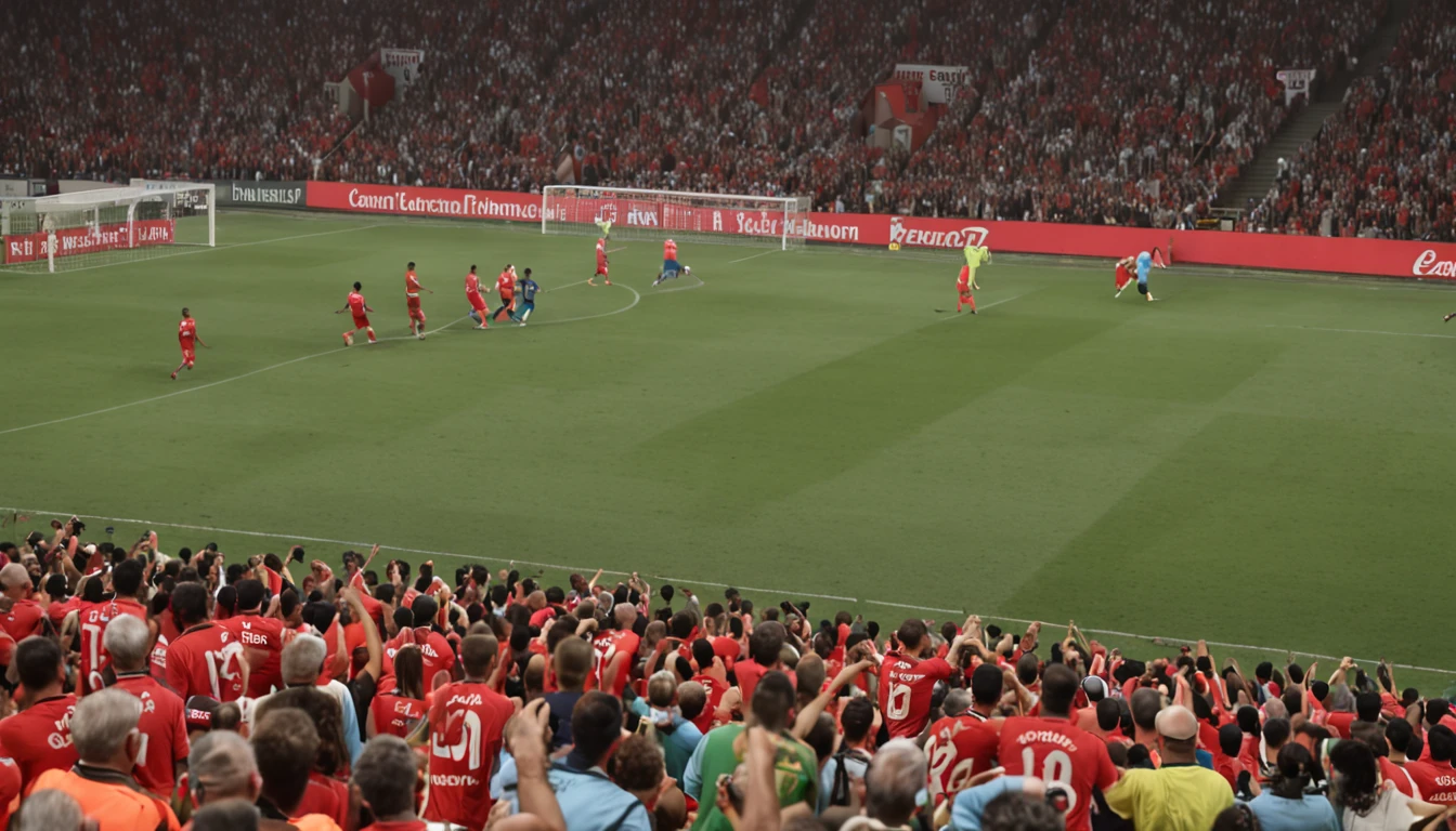 ((football match:1.2) Seen from the galleries, vibrante, emocionante, intense action, multitud apasionada, luz de estadio, celebraciones, momentos clave, euforia, fast moving)