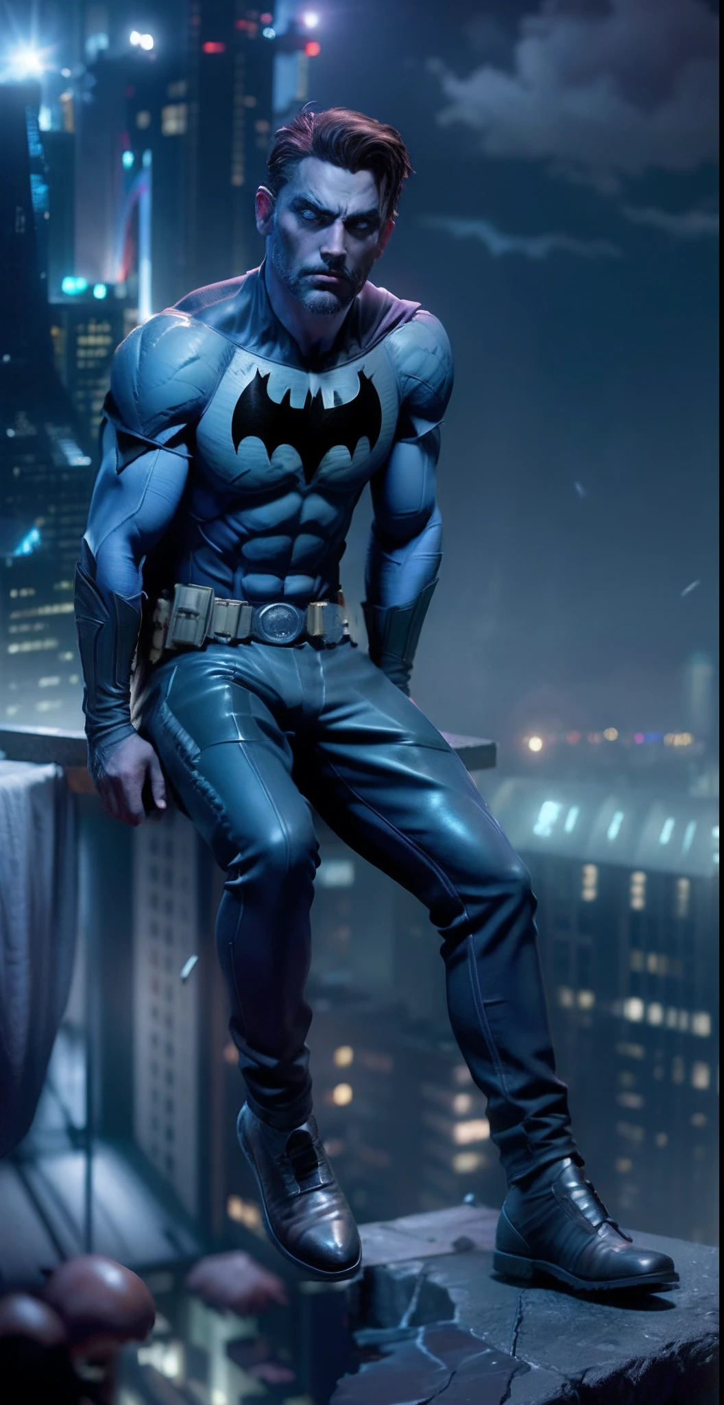 Batman sitting on a ledge on top of a skyscraper, dark, moonlight, dystopian, gritty, masterpiece, unique, amazing, detailed