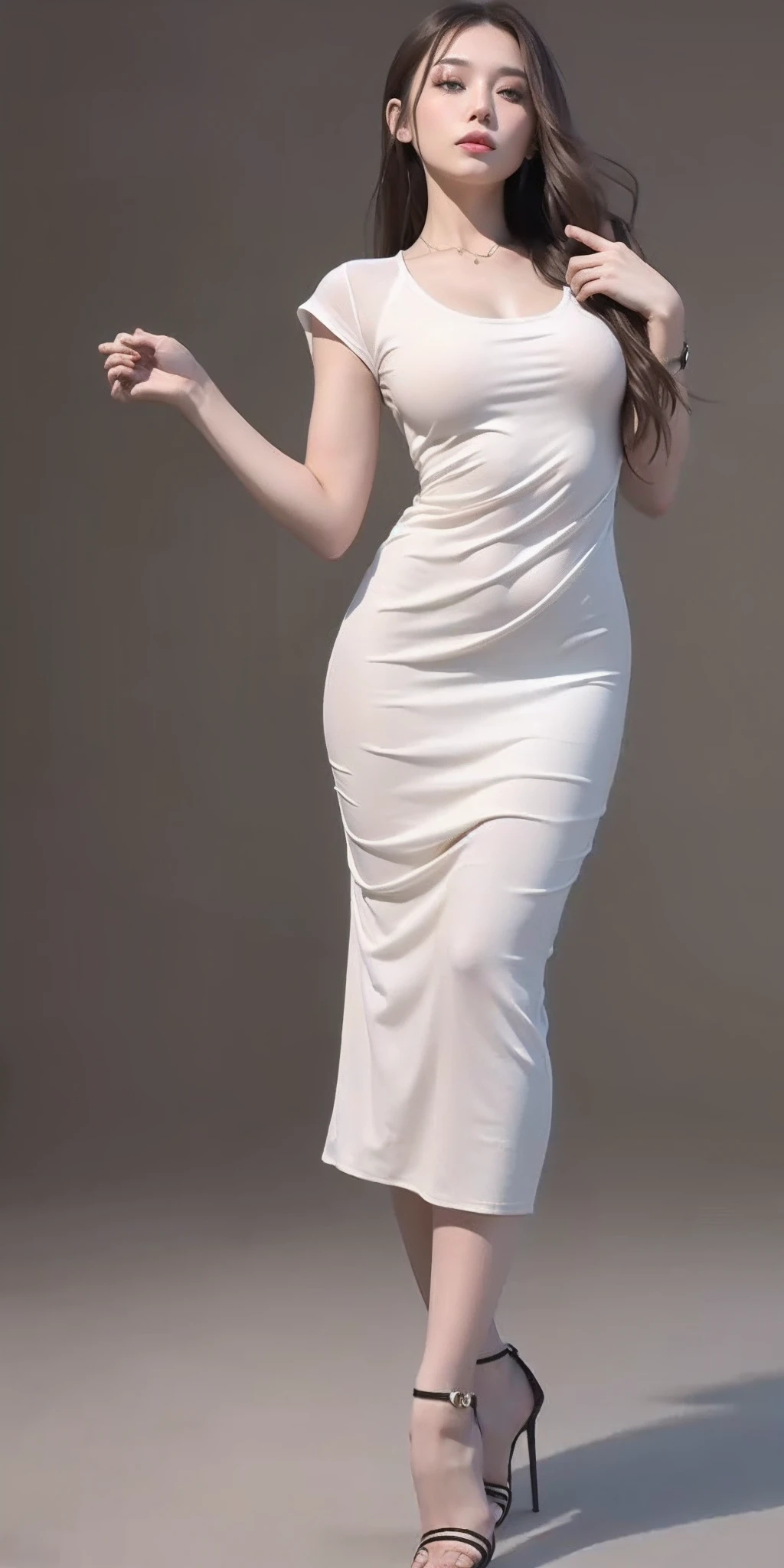 mix4, 20d, solo, long_hair, shirt, dress, high_heels, full_body, look_at_viewer, (8k, RAW photo, best quality, mastery:1.2), (realistic, photo-realistic:1.37), professional lighting, photon mapping, light energy transfer, physically based rendering,
