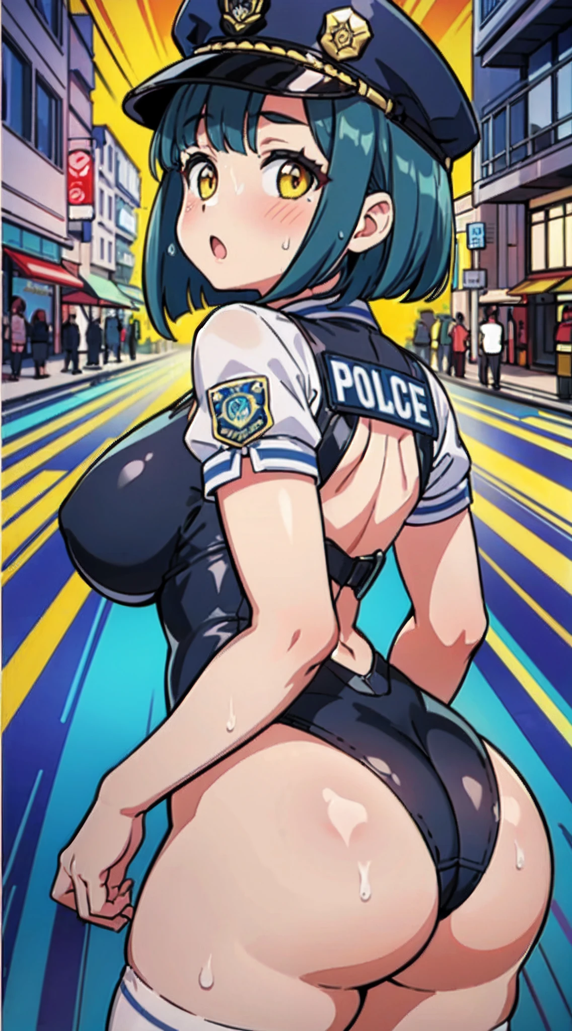 (Perfect body),Best Quality,(8K Portrait),(masuter piece)、(Official art),Police Woman、Police Hat、blush,(Sweat),(((large udder)))、((Big ass))、(Navy blue leotard)、(White knee socks)、(Black hair),((bob cuts))、Yellow eyes,((thick thighs))、Adult Woman、Cowboy Shot、(close legs)、((((:o))))、(In the street)、((((Chibi))))、(from behind)、backs、posterior view