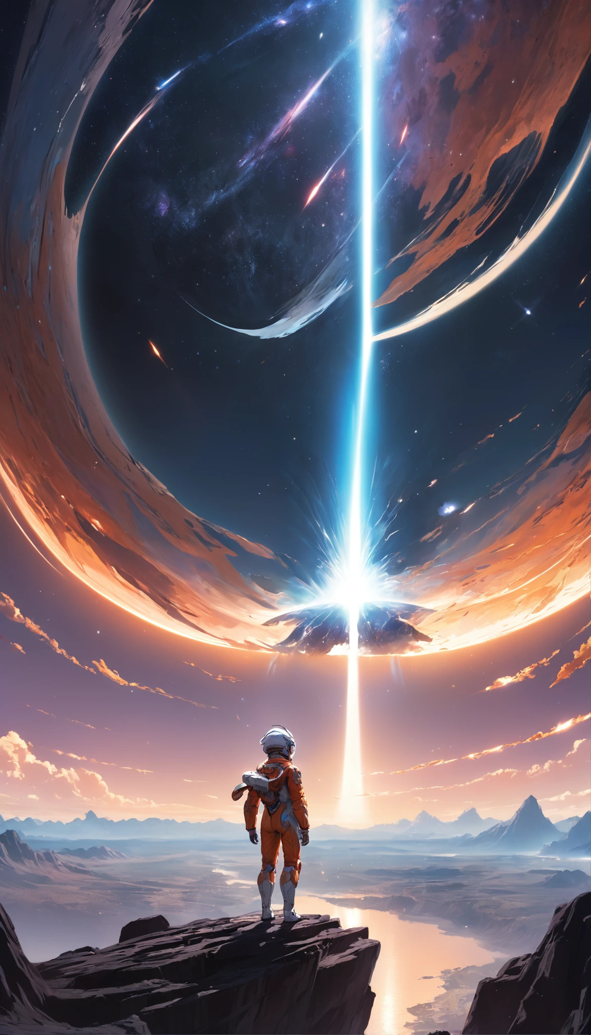 (extremely detailed CG unity 8k wallpaper, masterpiece, best quality, ultra-detailed),(best illumination, best shadow, an extremely delicate and beautiful), high saturation, professional photoshoot, god rays, reflection, depth composition,
View from strange planet, a pilots (wear full spacesuit) standing gazing at the sky, with an expansive open space, massive black hole seen from afar, symmetrical