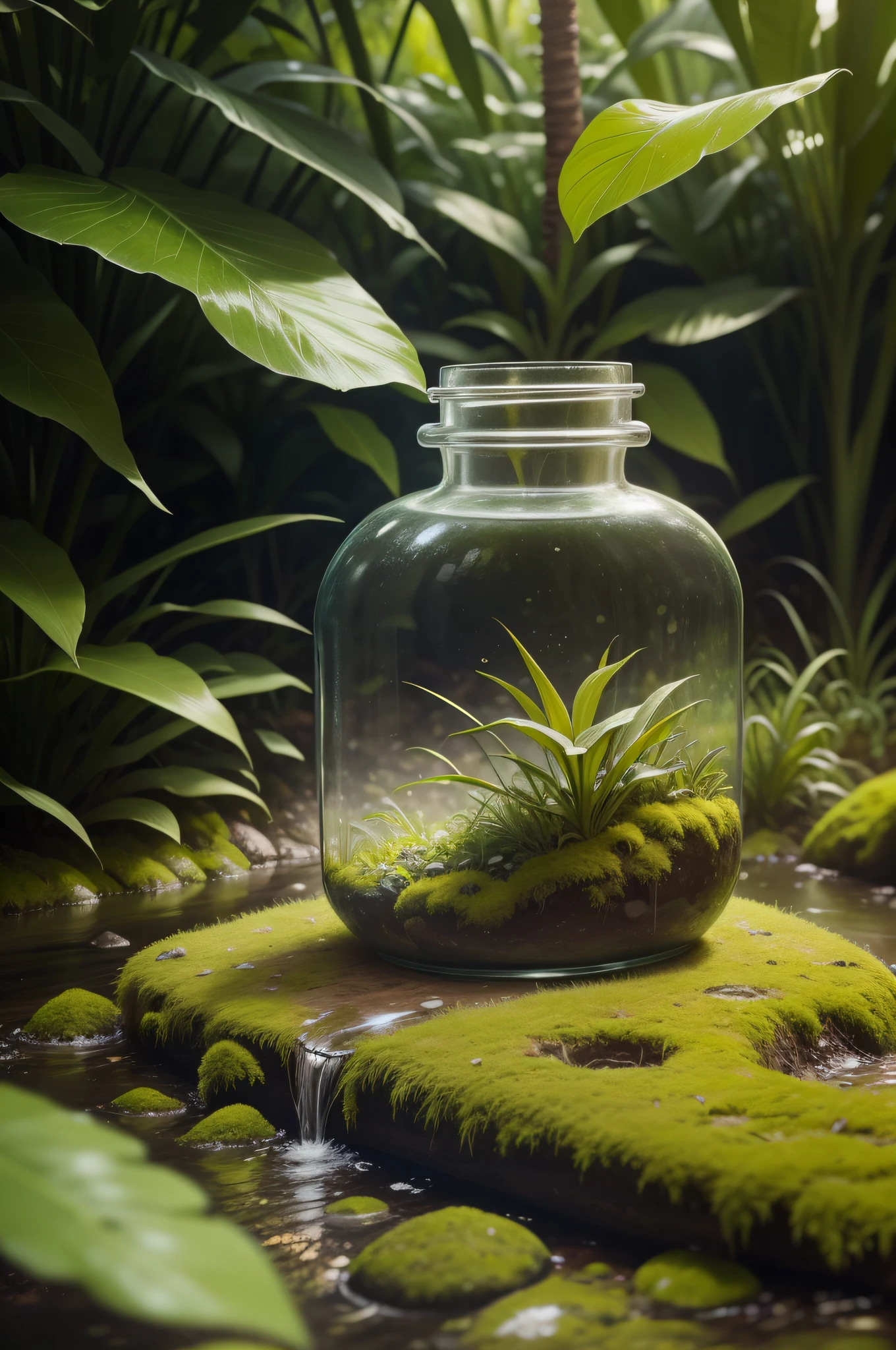 Close-up of a bottle of liquid sitting on mossy ground, a picture by Jakob Gauermann, unsplash, hurufiyya, beauty shot, close-up product photo, in a jungle environment, in the middle of nature, Lush surroundings, Lush surroundings, Portrait shooting, a wide full shot, close up portrait shot, at lush forest background, Product photography