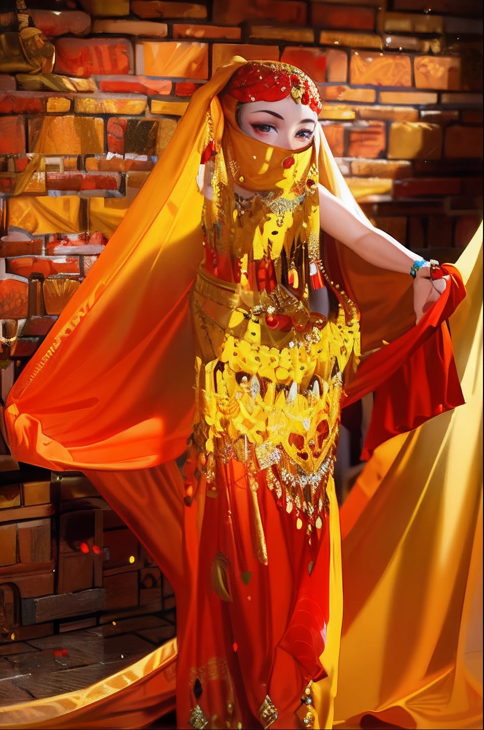 Araki woman in yellow dress and red veil, she is dressed as a belly dancer, orange and yellow costume, arabian princess, Belly dancing, flowing golden scarf, arabian beauty, orientalisme, diaphanous translucent cloth, Beautiful oriental woman, red and gold sumptuous garb, inspired by Tang Di, Arabia, arabian night, exotic costumes