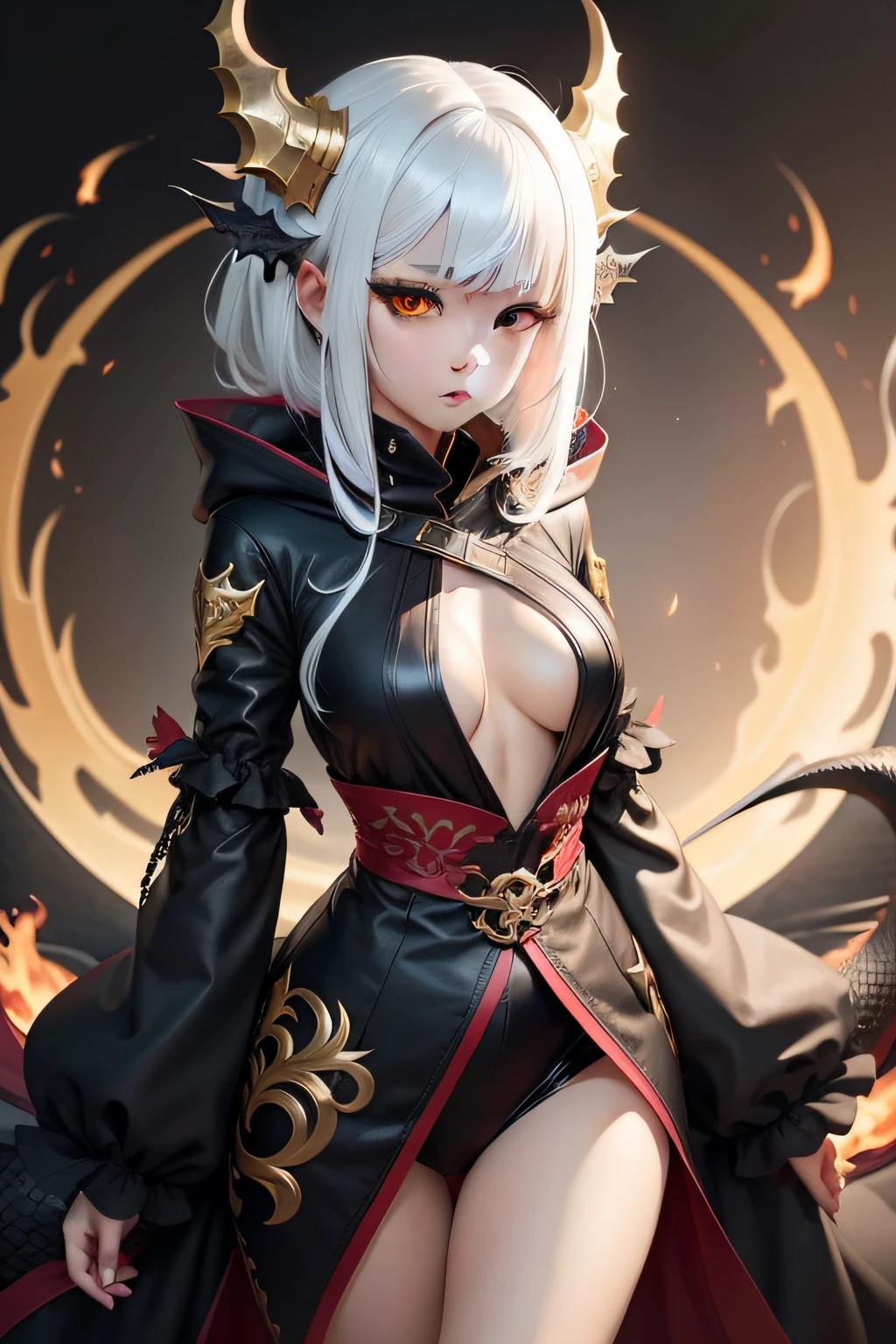 1girl in、Black Dragon Monster Girl、white  hair、Gold Eye、Black and red clothes、buttle