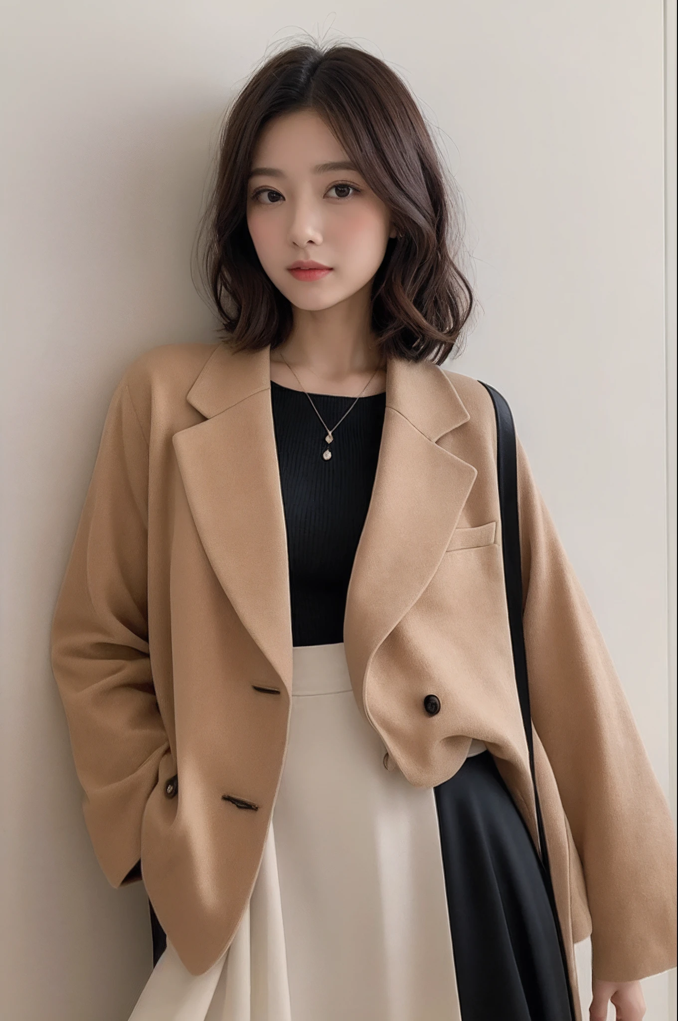 (top-quality、8k、32k、​masterpiece、UHD:1.2)、Photo of a cute Japanese woman、1girl in、(Medium short dark brown hair)、Fluffy hair is moving、二重まぶた、Light beige suit jacket、Black T-shirt、Black skirt、Necklace with small charm、Ai Uehara standing on a white wall