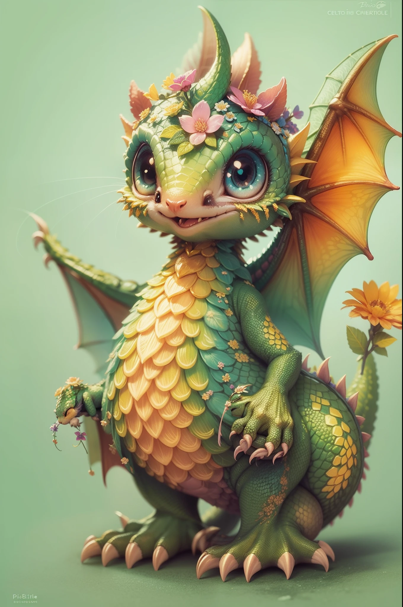 Pixie Bittle is a cute dragon with a small body and covered in colorful scales. They gather flowers and jewels to decorate their nests and sing sweetly. Pixie bittles are known as nature's little guardians, delicate illustrations, high resolution, high quality, unique monster 16K one animal best illustration