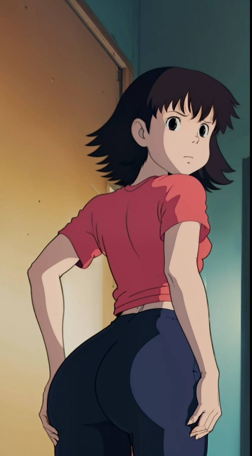 Tomo takino, black hair, messy hair, Color dyed shirt, multicolored leggings, looking back, slim waist, bubble butt,, Wallpaper