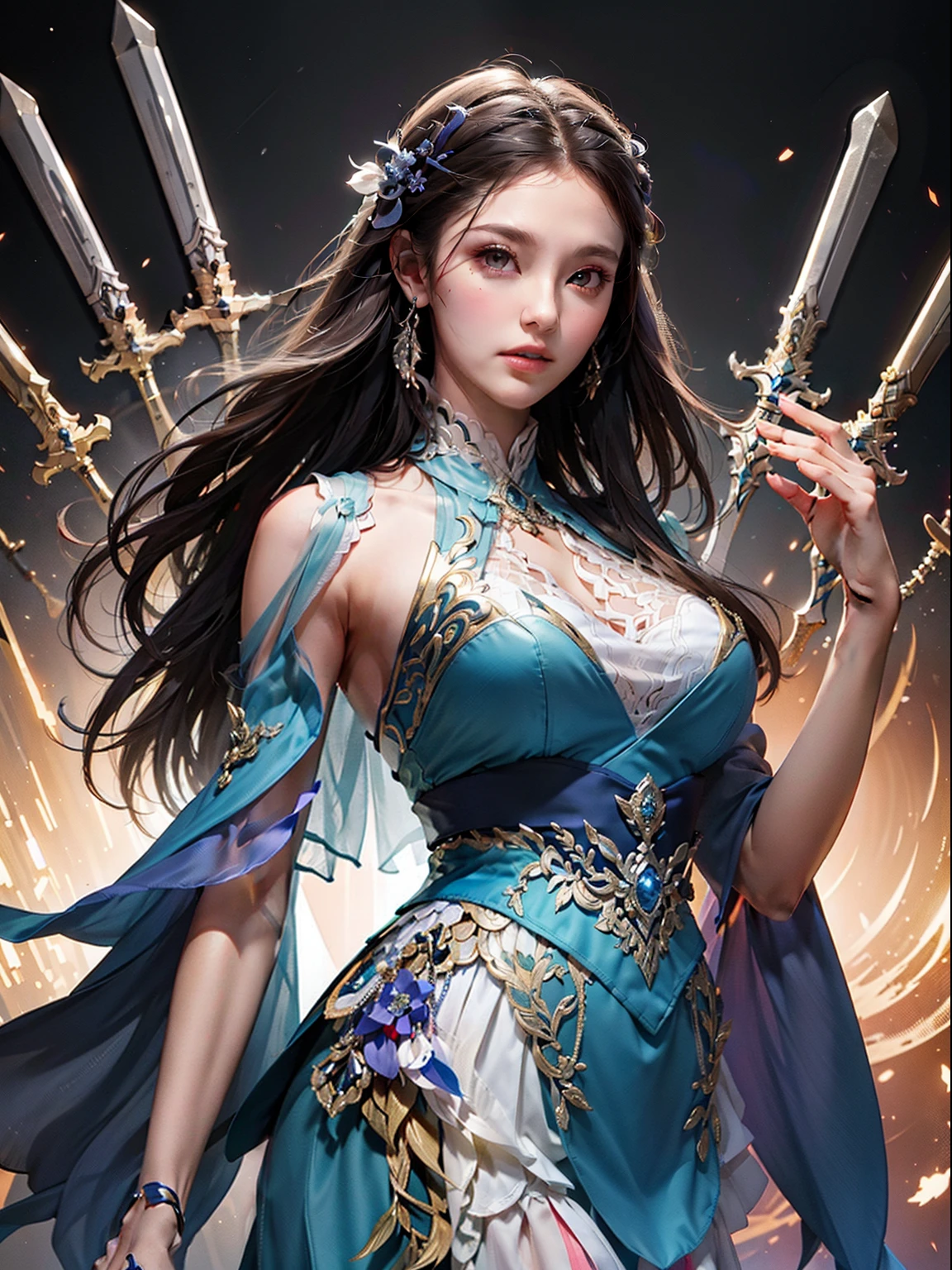 Ten thousand swords,multiple weapon(glowing weapon)offcial art,统一 8k 壁纸,ultra - detailed,Beauty and aesthetics,tmasterpiece,best qualtiy,Photoreality,(zentangle,datura,Tangles,entangled),extremely detaile,dynamic angle,The most beautiful form of chaos,ellegance,Fauvistdesign,vivd colour,romanticism lain,Bigboobs,Bright colors