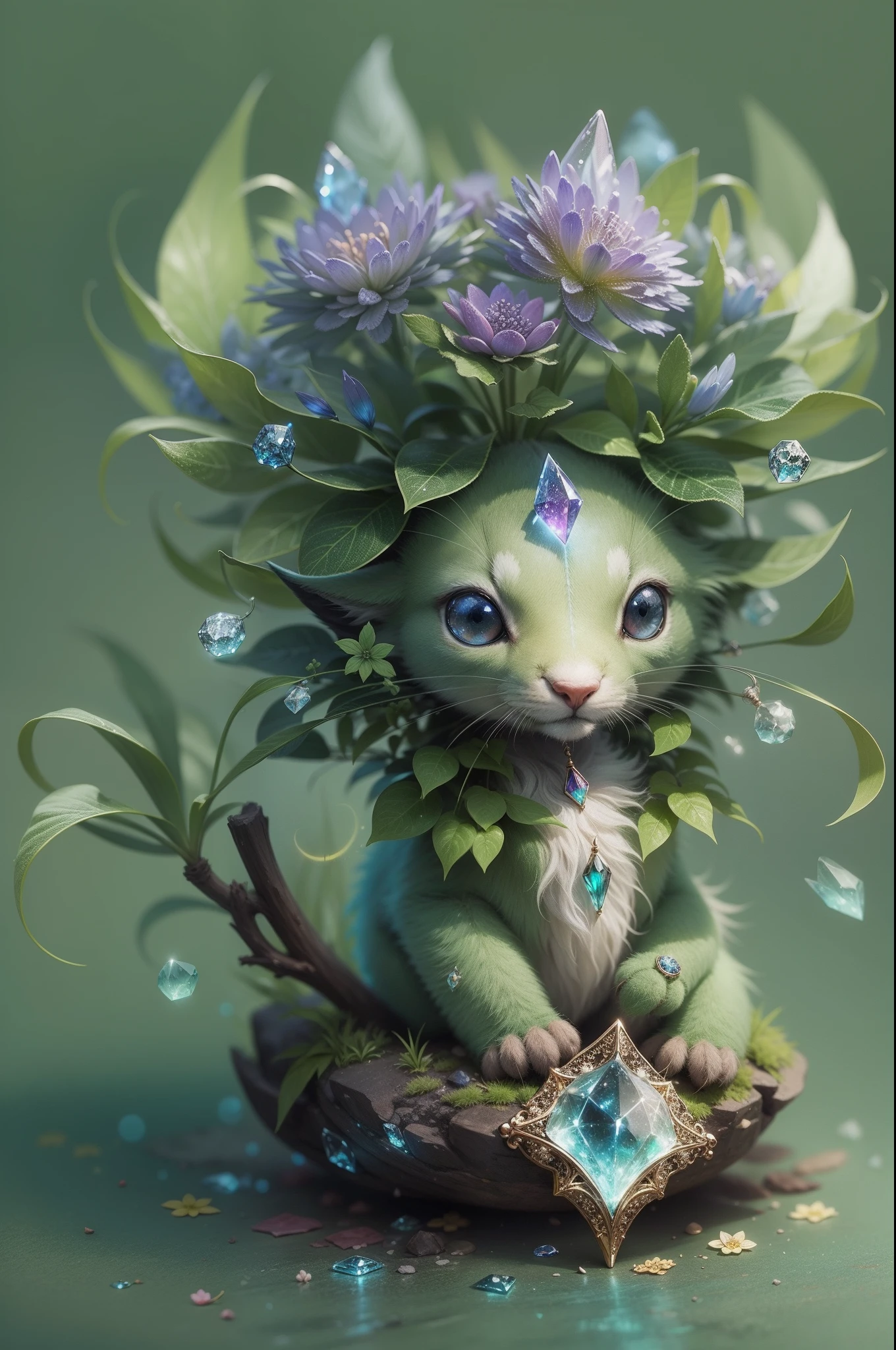 A sacred and cute creature that uses plants and thread with ancient magic. It captures the energy of nature and creates beautiful flower crystals that shine like gemstones.