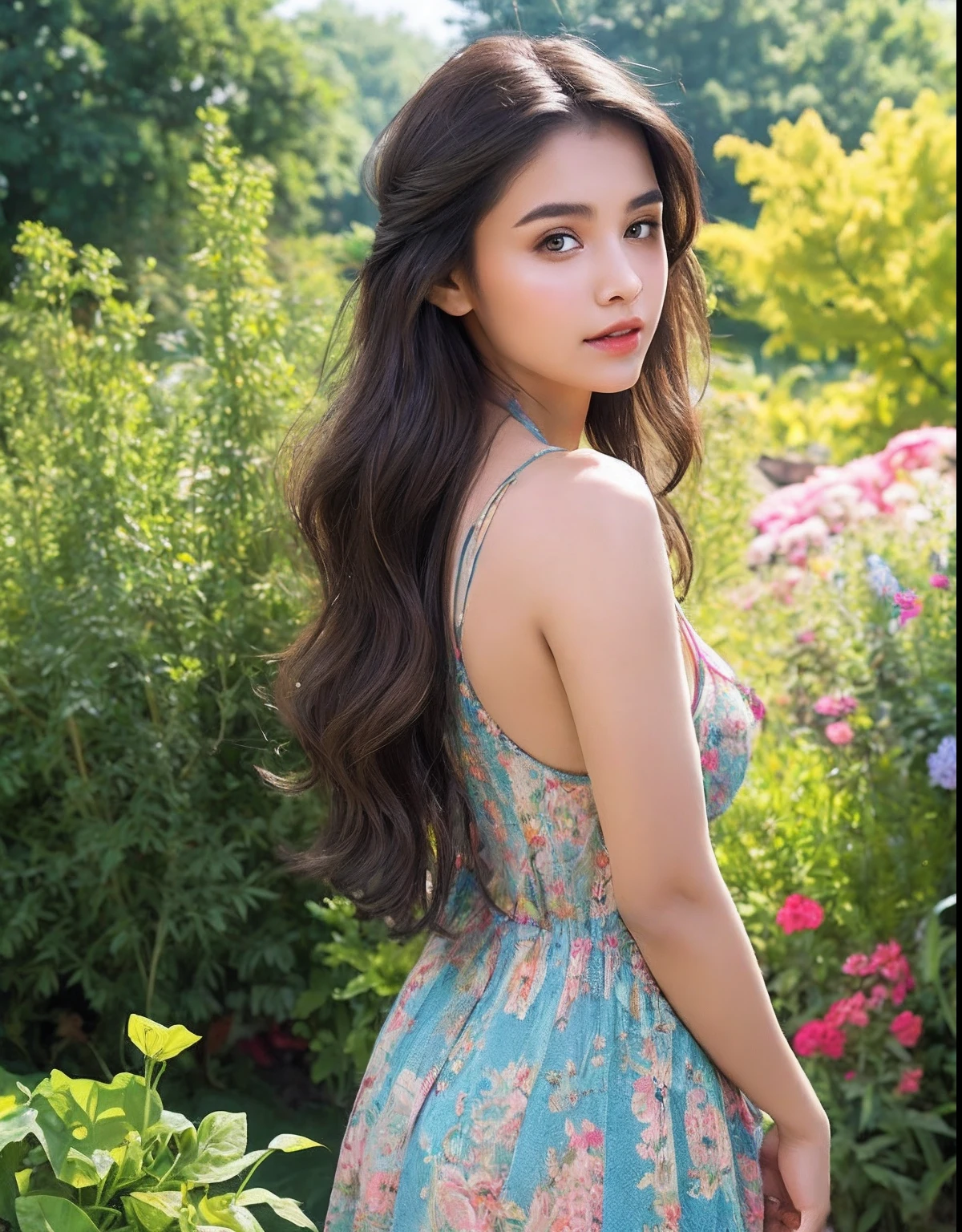 Beautiful indian Woman, look at viewer, French braid hair , flower Halter Dress, cleavage, garden landscape design, (rim light), black brown hair, d-cup cleavage visible, firm breasts, wide ass, colourful dresses