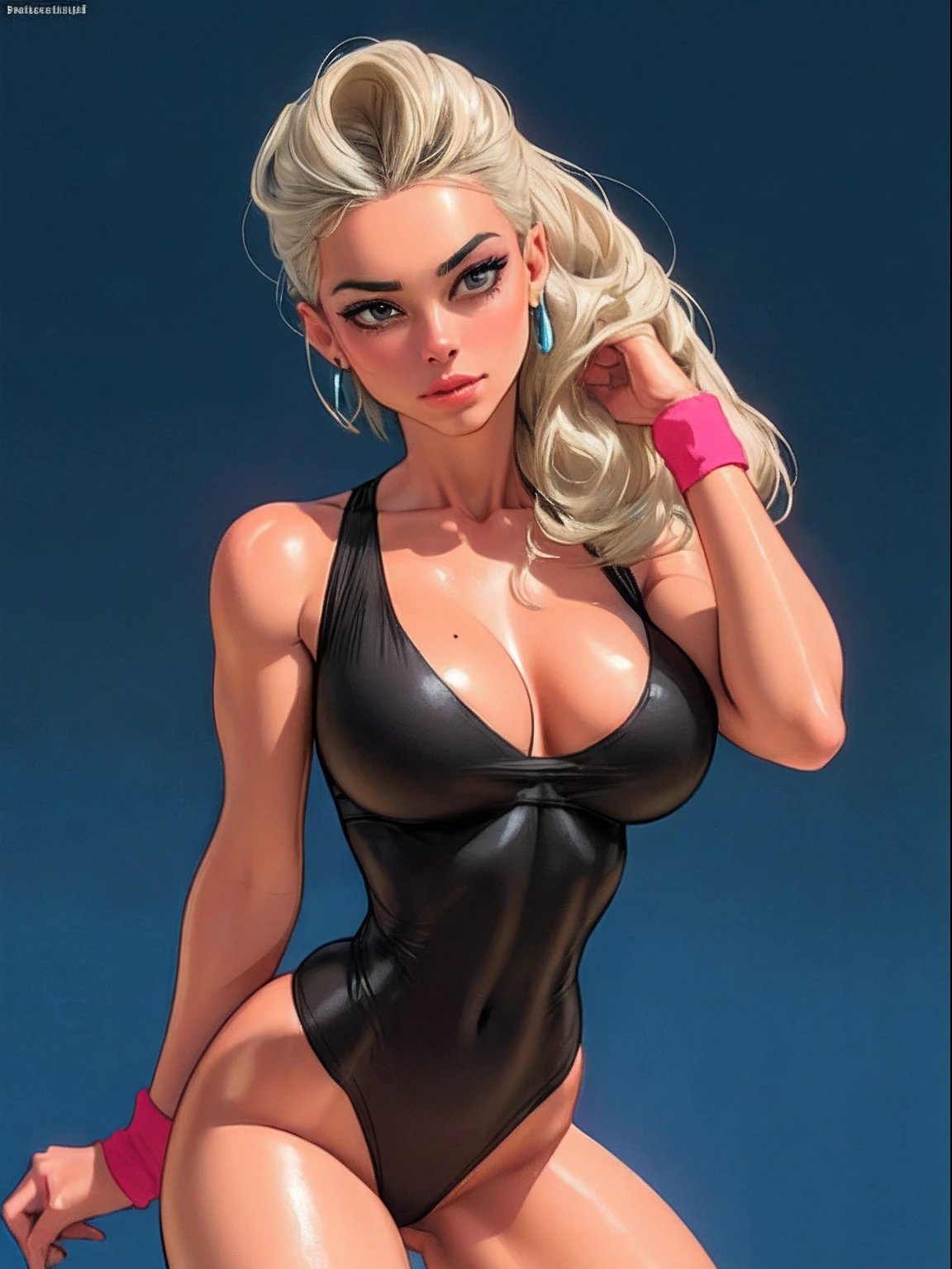 simple background (in women's 1980s gym leotard: 1.4), thin neon headband, legwarmers, wrist sweatbands, neon clothing, 80s aesthetic, hairspray hairstyle, good hand, 4k, high resolution, masterpiece, best quality, head: 1.3, ((Hasselblad photo)), finely detailed skin, clear focus, (cinematic lighting), soft lighting, dynamic angle, [:(detailed face: 1.2):0.2], belly gaze, huge breasts, breasts, (((inside the mansion))), 1girl, jewelry, earrings, neon_blue_sky, solo, mole, long_hair,   mole_under_eye, upper_body, grey_eyes, looking_at_viewer, puffy hair, 1980s fashion (head tilt: 1.4), plain background, red background,