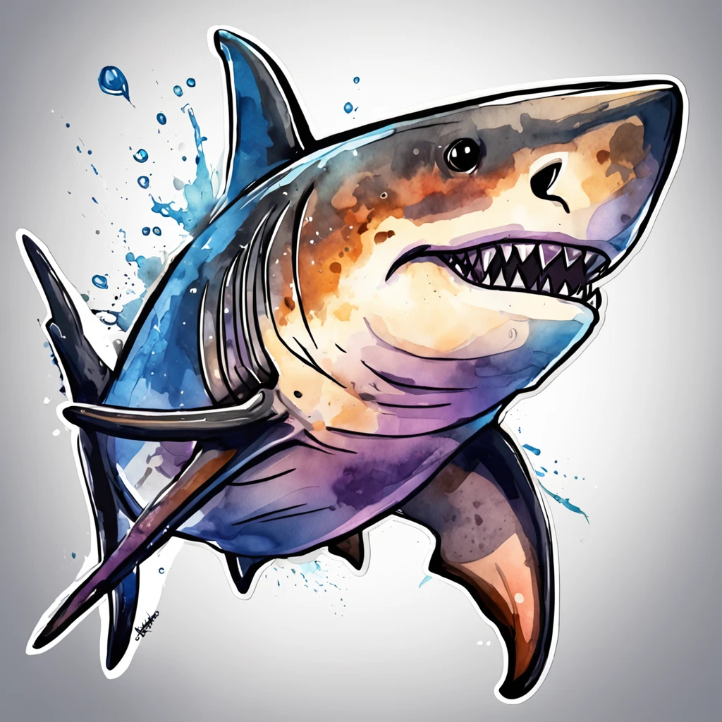 /Imagine Prompt: Shark illustration for sticker on black background, Bold outline style, jagged, Trashcore, Light Shading - V 5.2