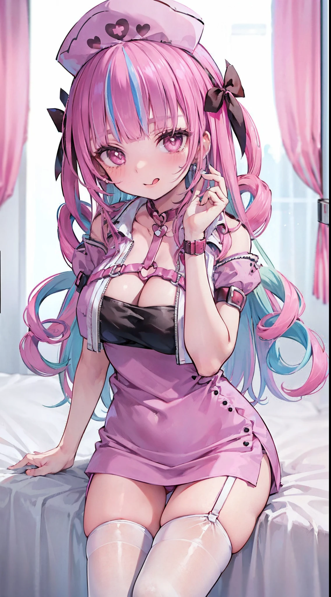 High detail, Heart-shaped pupils,Striped panties,Nurse hat,cleavage,Collar,Love pupils,cropped shoulders,Red Cross,Slender maiden,highly rendered,detailed face with,white stockings,Stick out your tongue,standing on your feet,syringes,