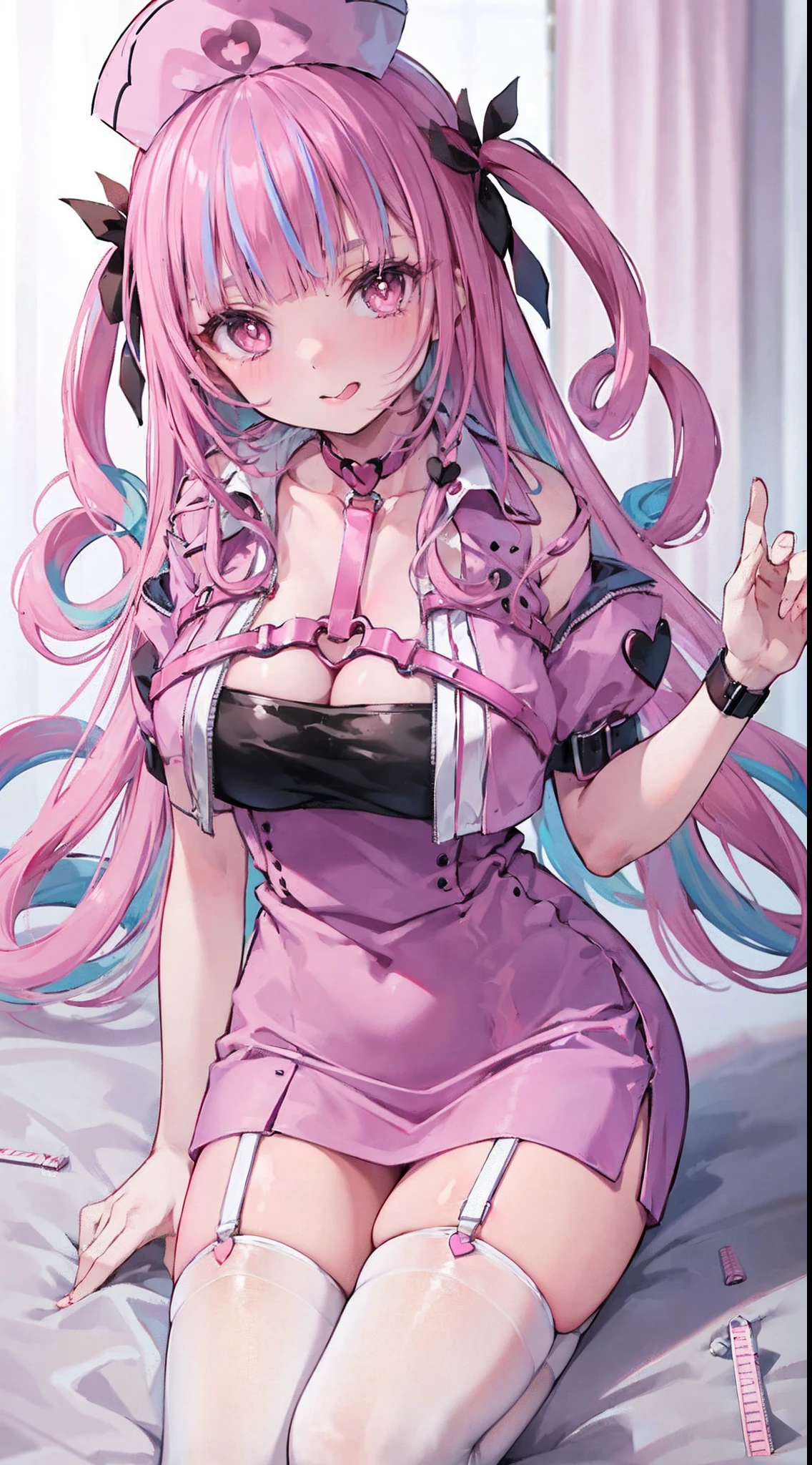 High detail, Heart-shaped pupils,Nurse hat,cleavage,Collar,Love pupils,cropped shoulders,Red Cross,Slender maiden,highly rendered,detailed face with,white stockings,Stick out your tongue,standing on your feet,syringes,
