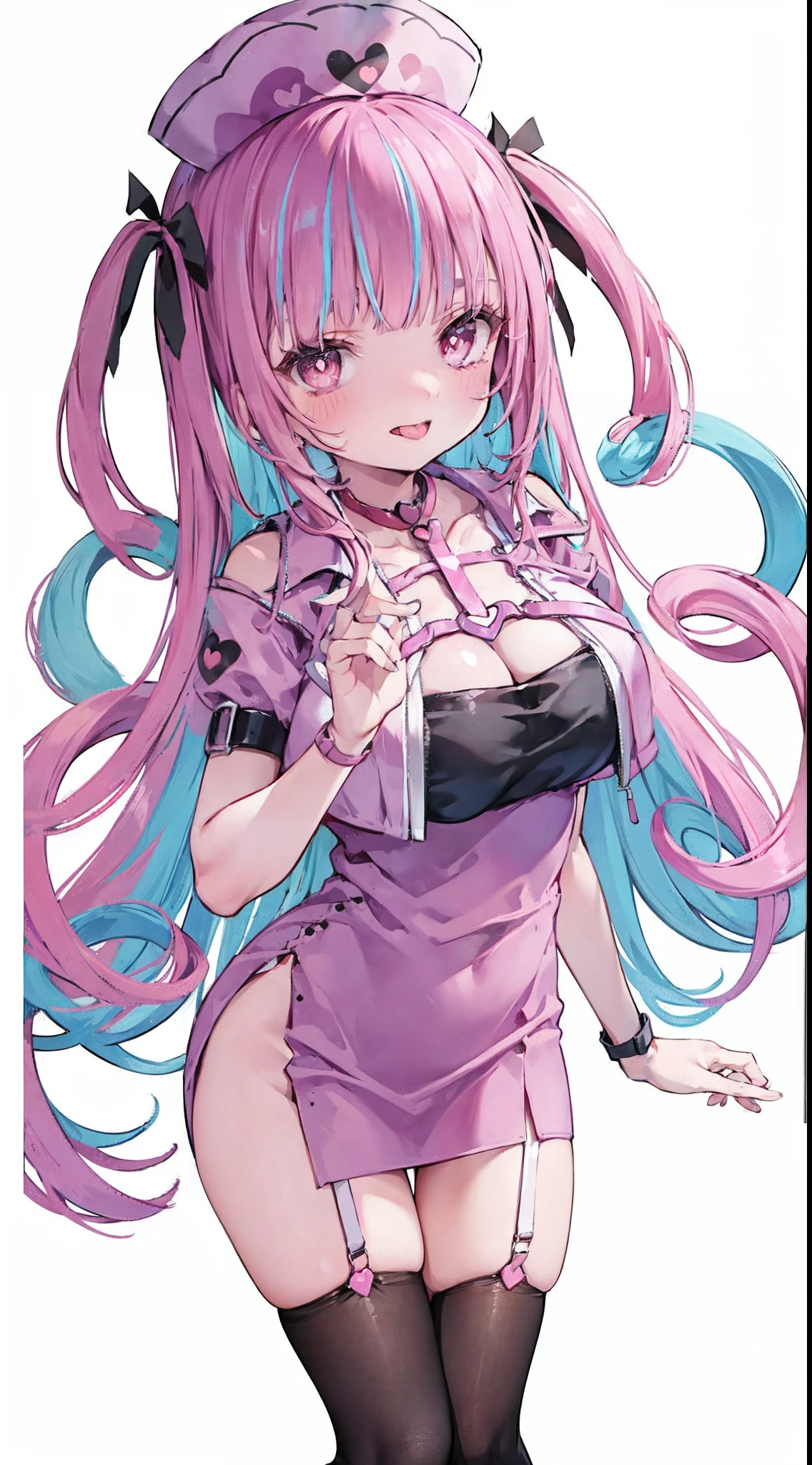 High detail, Heart-shaped pupils,Nurse hat,cleavage,Collar,Love pupils,cropped shoulders,Red Cross,Slender maiden,highly rendered,detailed face with,white stockings,Stick out your tongue,standing on your feet,syringes,