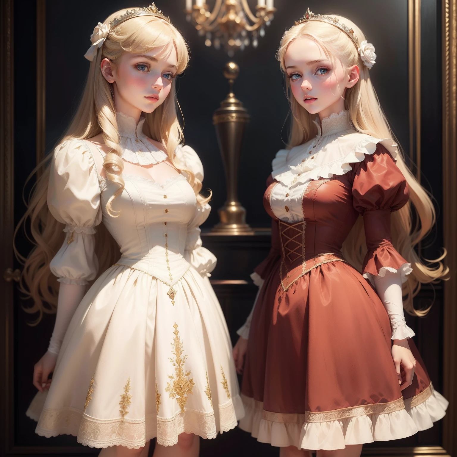 bjd dolls, cute girls, white, porcelain, cute dresses, creepy cute, hinges, big eyes,  <lora:side_glance_v4.6:0.7> (glace left:1.3), highlight eyes
colorful, pink and white atmosphere
volumetric light, dramatic lighting
luxury brown and gold ballroom, crowded with sparks