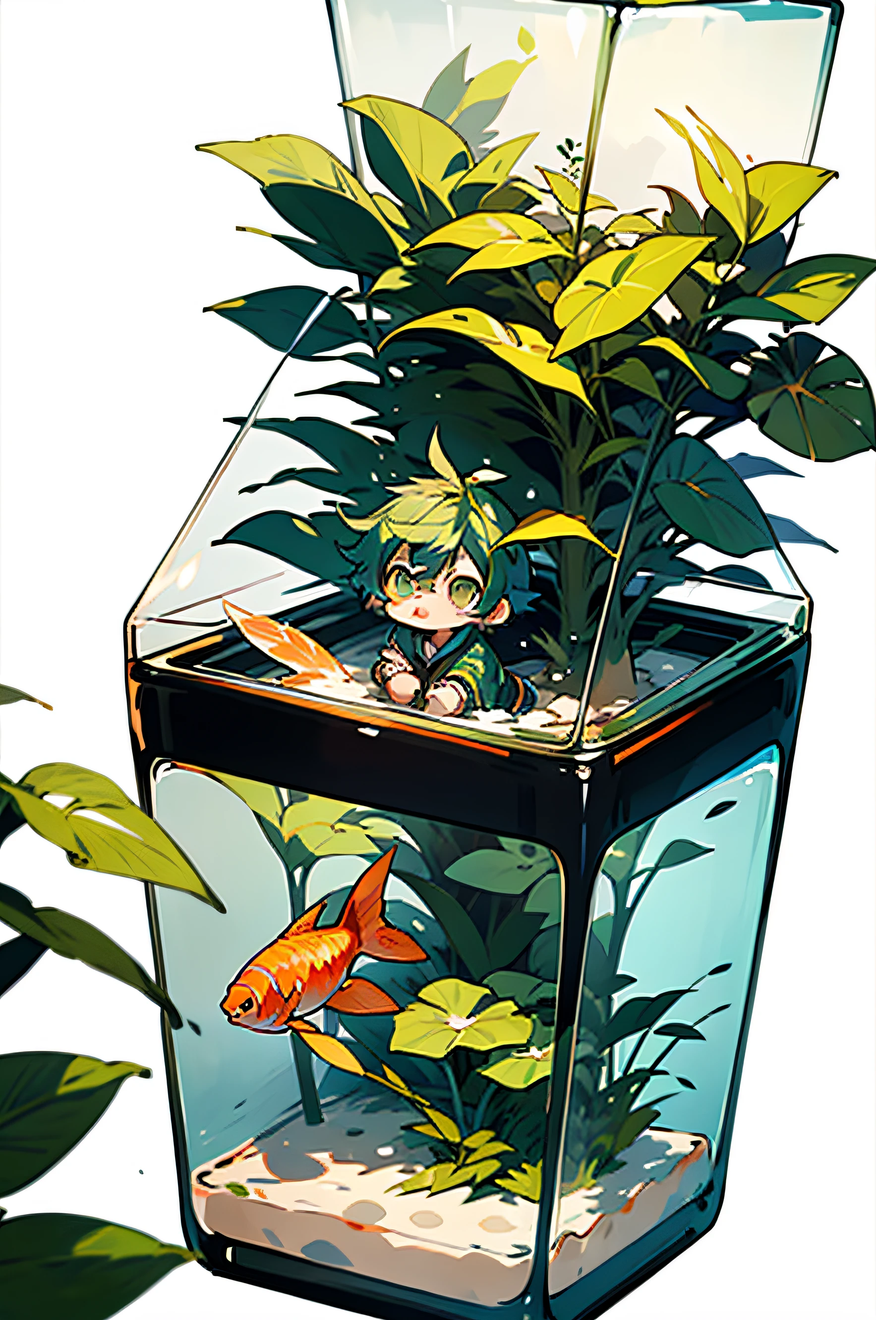 little loli in a square fish tank,Motherhood,Straw tank,A plant,The fish,green color,Eau,high detal,warm,电影光感,Feeding,Shy,adolable,mini sence,Small fish,Transparent fish tank,Cuboid fish tank,a plant,Big fish tank,Botanical garden background