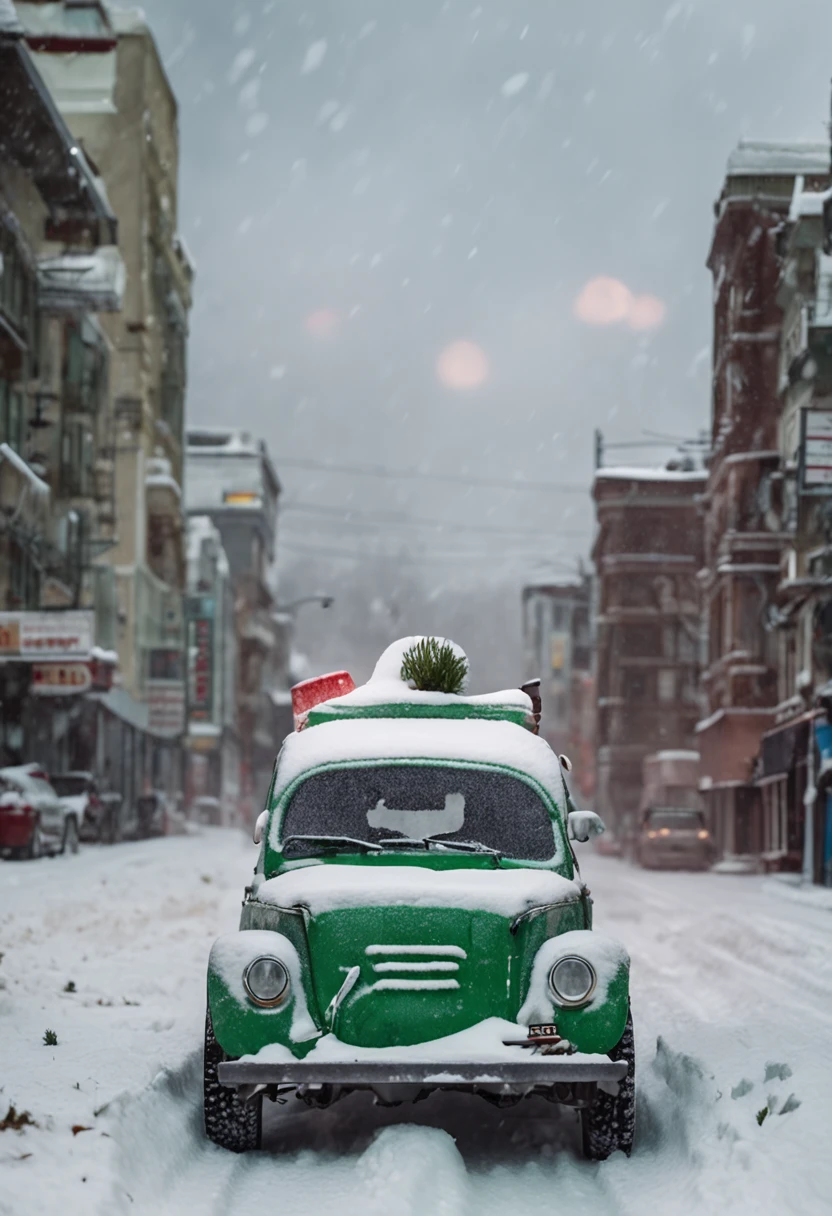 There is a green wagen with a snowman on it, 
 covered in snow, The background is only snow in the urban area、covered in snow, Snow on the body, finely detail, powerful detail, Cold snow outside, Detailing, Car, Car, Car parked below, snow blowing, jeep in background, Snowy weather