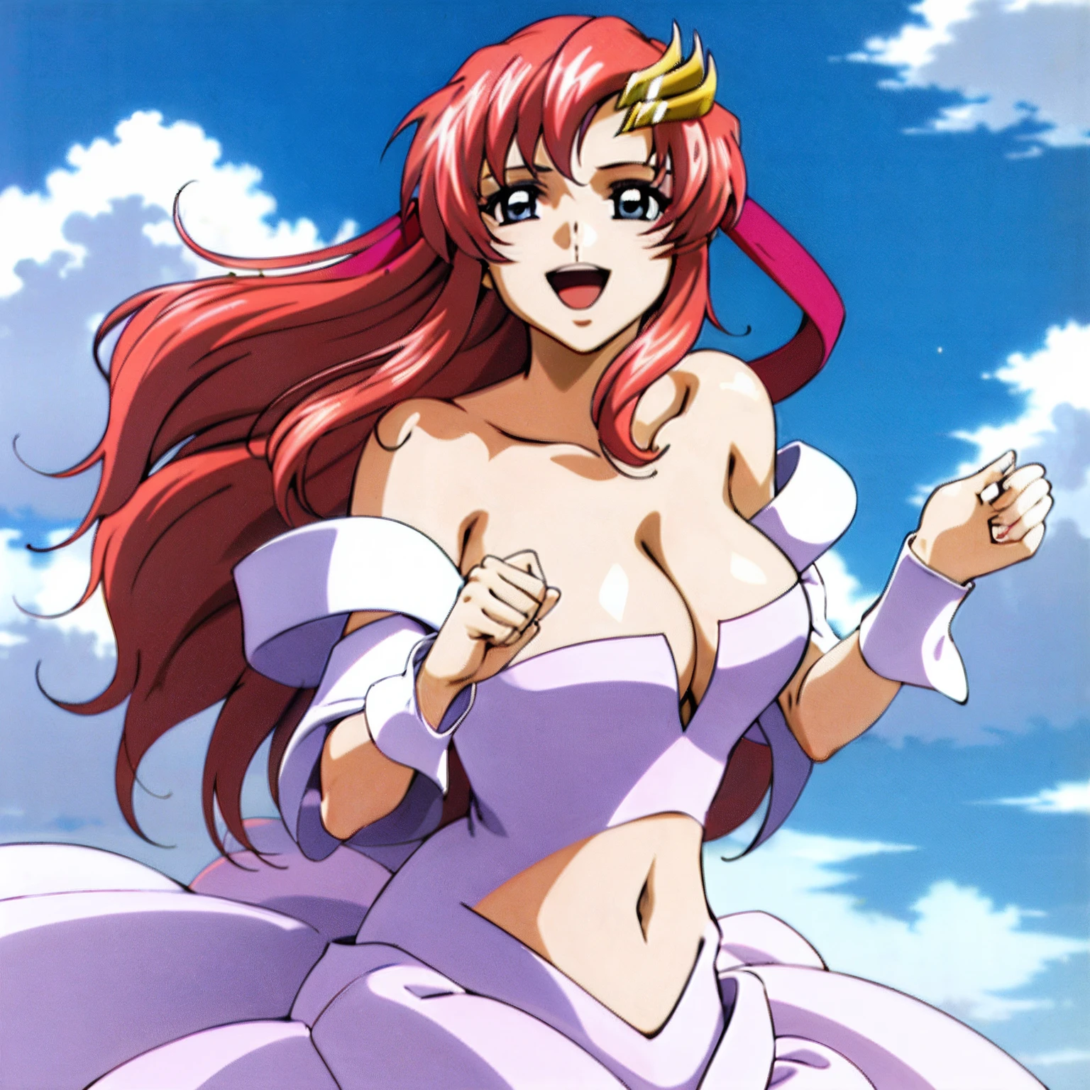 (masuterpiece, 4K, Best Quality, Anime style: 1.9, bold drawing lines, High color saturation, Detailed face, tall, Adult Woman, lovely, (cloud background), Drawing lines, high resolution, Anime, lacus4. White dress with pink design), 1girl in, Solo, curvy figure, Long hair, 鎖骨, scapular, Wavy Hair, Detailed wide hair bangs, Hair Ornament, Detailed reddish-pink hair, cleavage, large hands, Big blue eyes, Off-shoulder, Smile, open mouth very much, very slim belly, Dancing, Very happy, closed fists