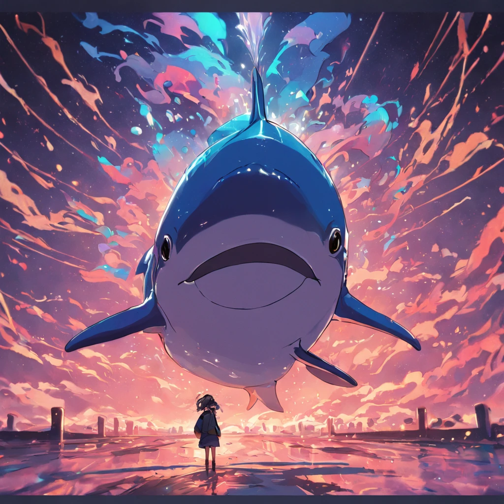 /Imagine Prompt: Illustration of dolphin for sticker on black background, Bold outline style, jagged, Trashcore, Light Shading - V 5.2