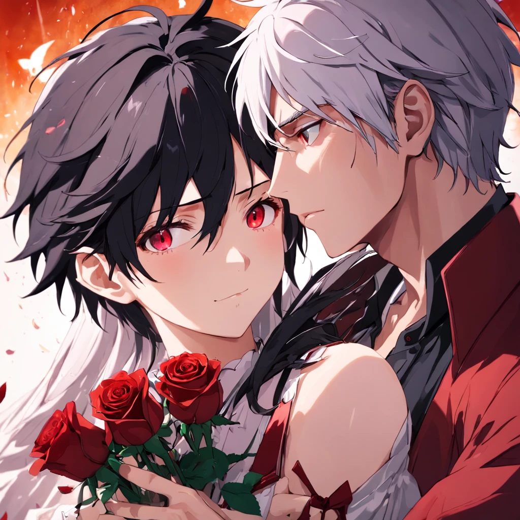 (((masterpiece+best quality+ultra-detailed CG unity 8k wallpaper))), high-quality photo, A handsome guy with black hair and red eyes,A look of love,Holding roses