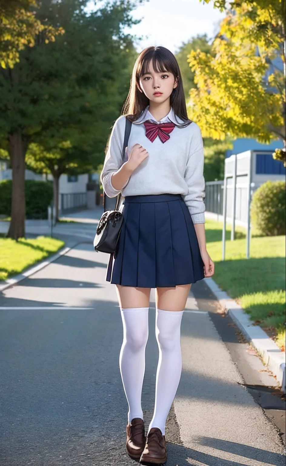 1girl, (looking at viewer),  (bokeh:1.1), parted lips,expressionless, realistic, standing, school uniform, short skirt, school shoes with long socks above knees until tights, school accros the side road, best quality, (photorealistic:1.4), ultra highres,