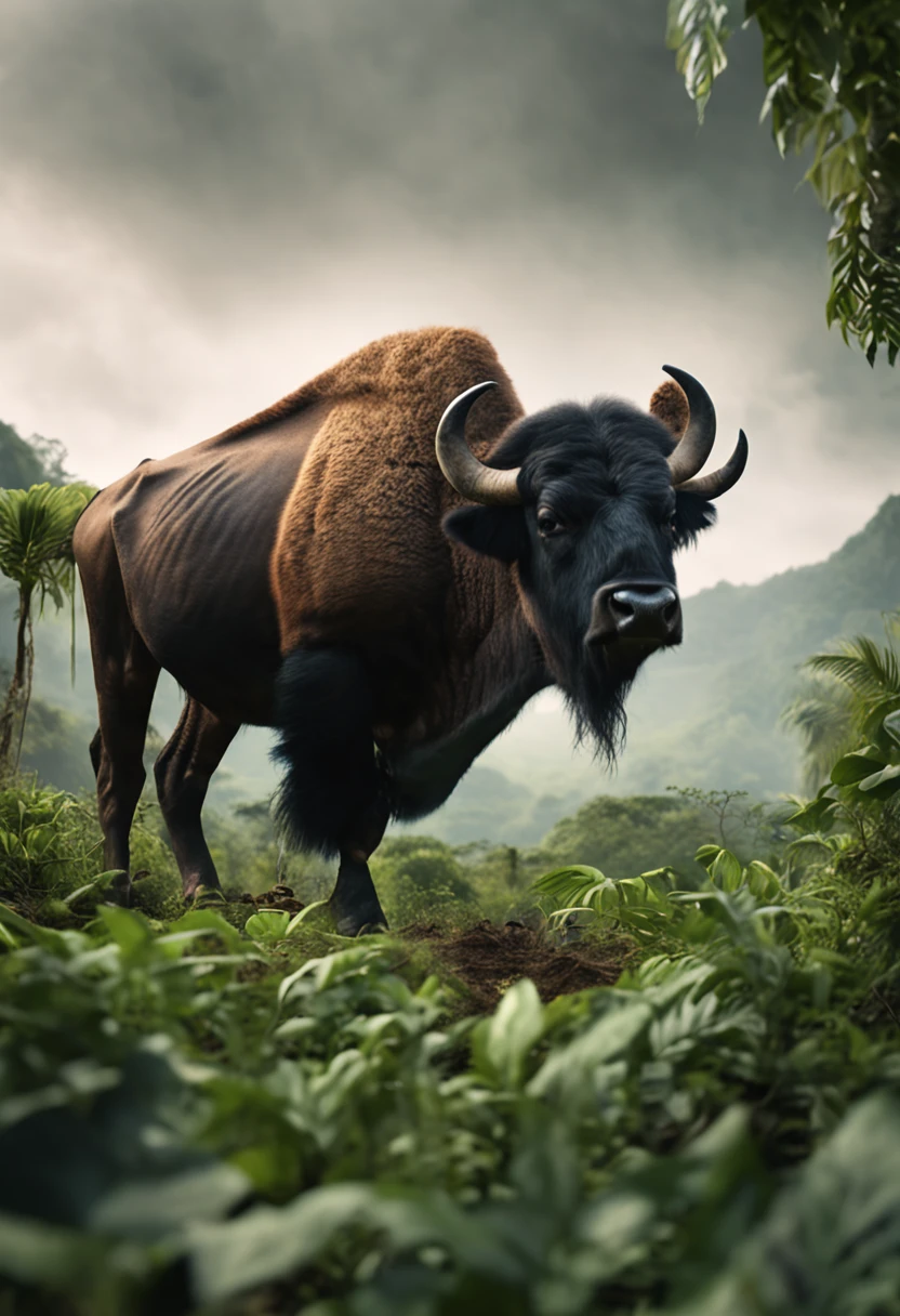 High nation-geographic symmetrical close-up portrait shoot in green jungle of an expressive Buffalo, anamorphic lens, ultra-realistic, hyper-detailed, green-core, jungle-core –ar 16:9 –q 2 –v 5
