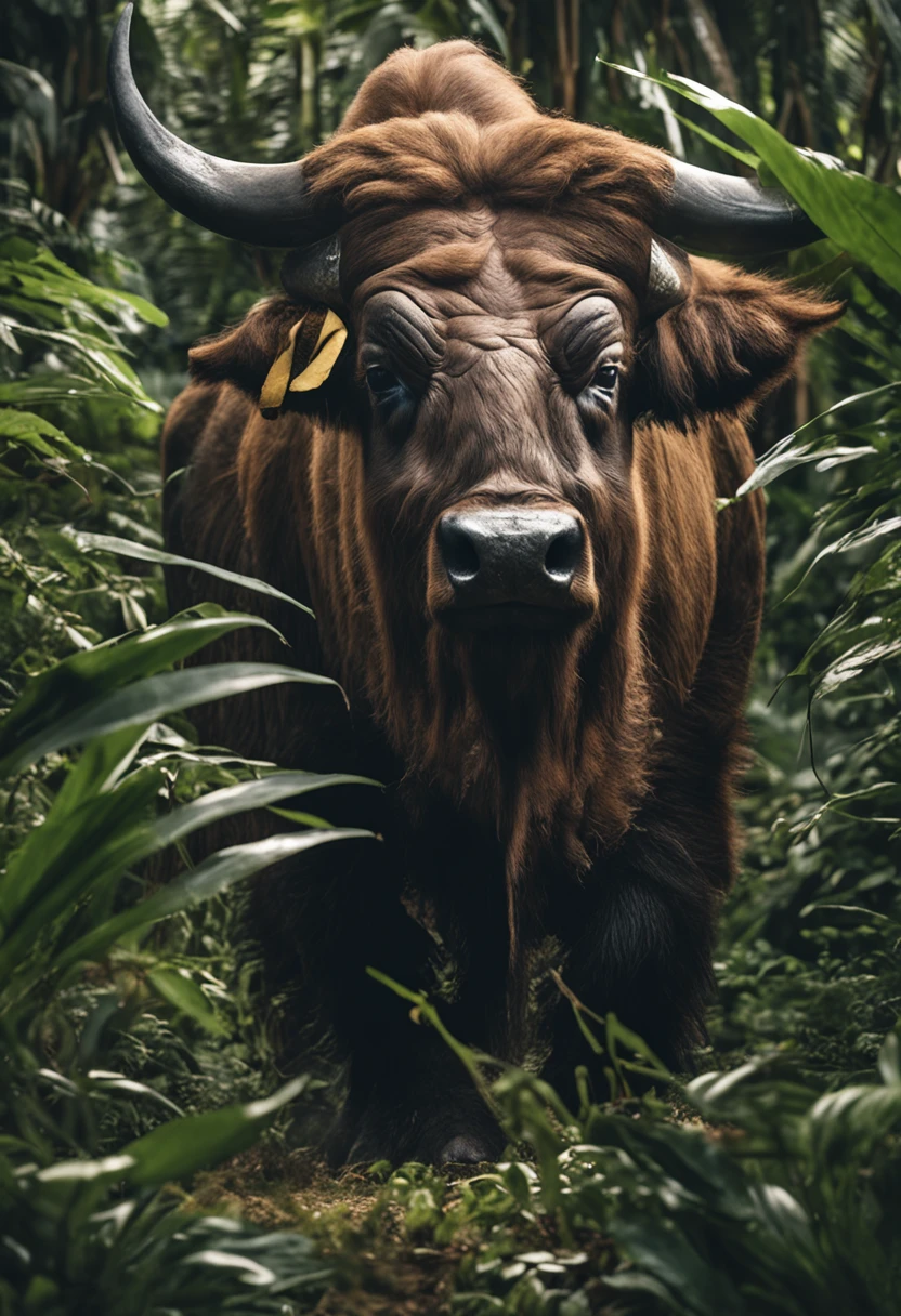 High nation-geographic symmetrical close-up portrait shoot in green jungle of an expressive Buffalo, anamorphic lens, ultra-realistic, hyper-detailed, green-core, jungle-core –ar 16:9 –q 2 –v 5