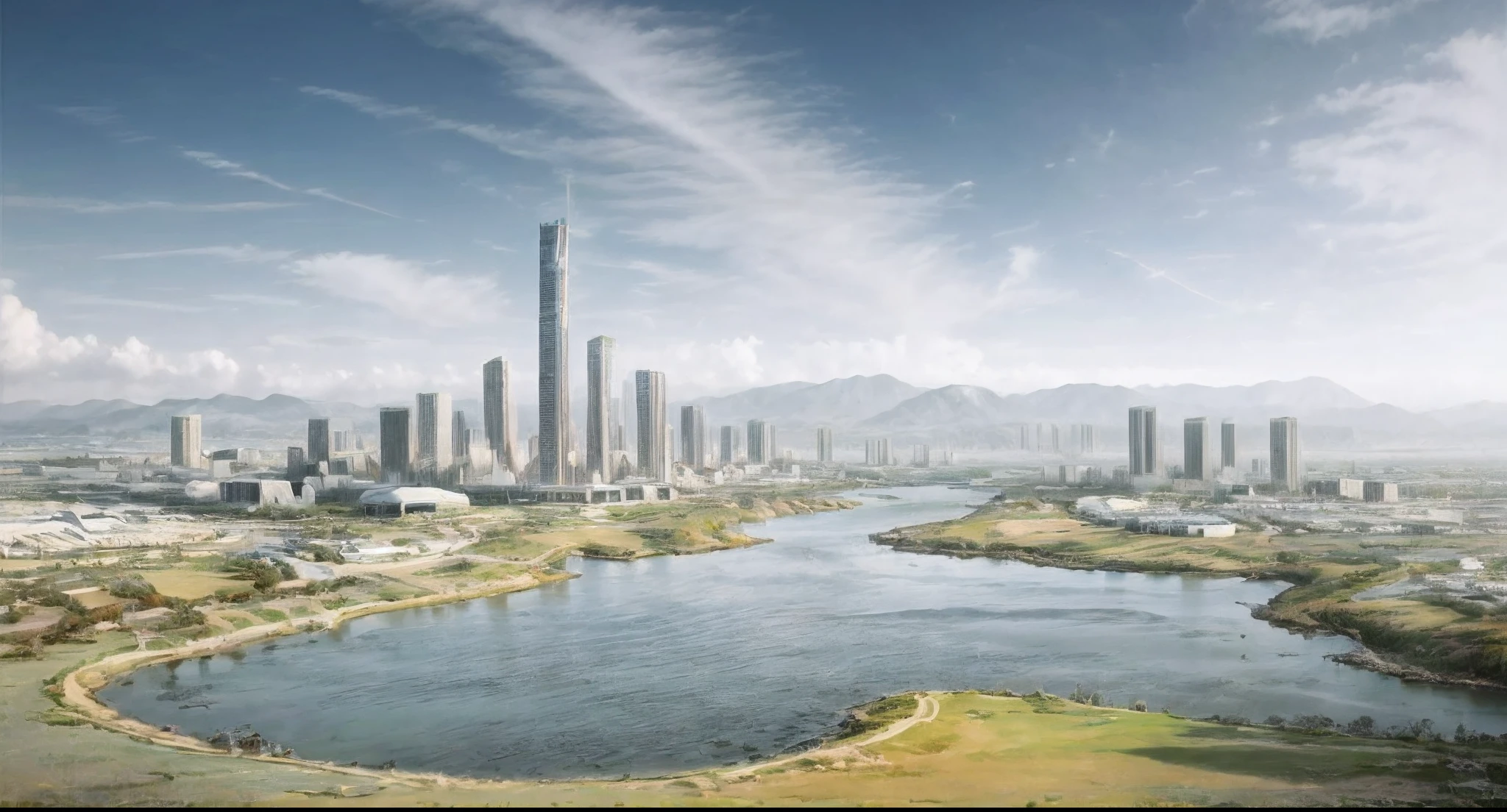 arafed view of a city with a lake and a bridge, landscape of a future city, Beautiful city of the future, sao paulo in the year 2 0 7 0, author：Chass is silent, in an eco city, inspired by Zha Shibiao, city of the future in russia,Future City，Huizhou City, Science Park，Tech town