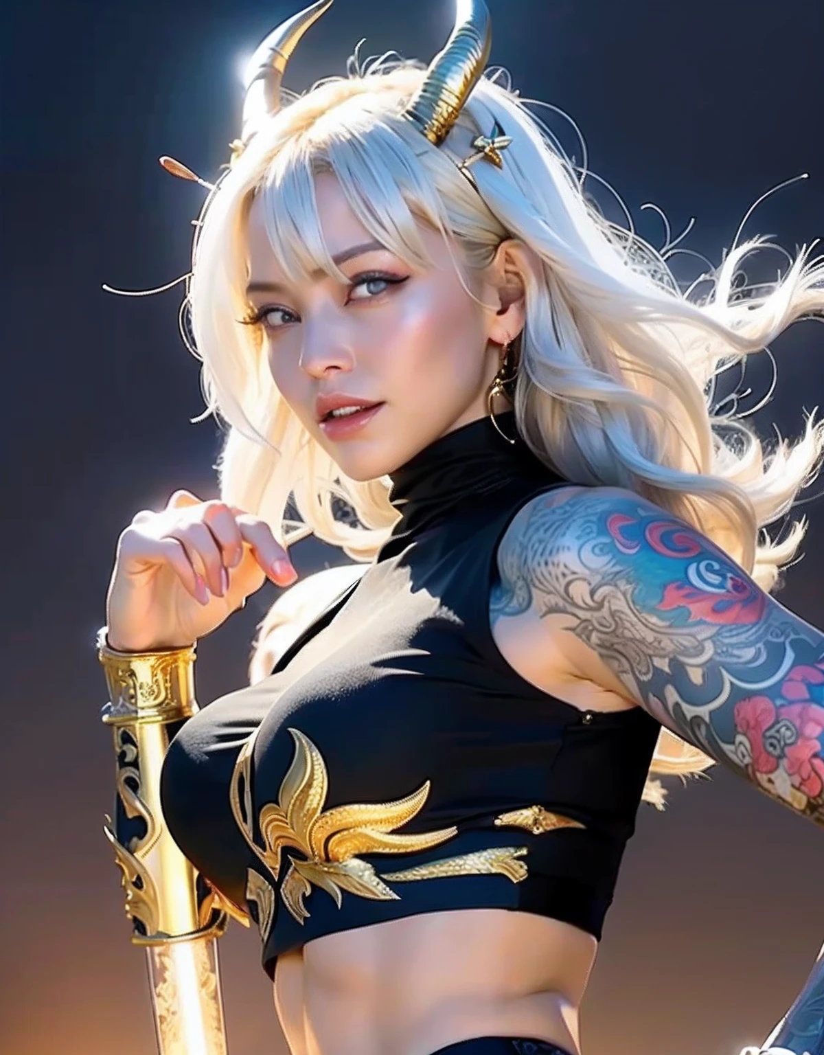 Professional , masterpiece、top-quality、photos realistic , depth of fields 、Idle Smile、(Devil's Wings Grow)、(World of Darkness)、Beautiful ass、(White Gemstone Body:1.2),Ball of light from the hand、(Matte white with gold pattern、Mystical expression、(cleavage of the breast)、intense fighting、Take different poses、Particles of light),(Gorgeous gold weapons) ,Tattoos all over the body、(( Dragon dense and gorgeous dragon sword)) , (demonic wings) ,intense fighting、warhammer 40k 、((White hair))、(Castle background)、(Colossal tits)、((Gangle's forest background))、Beautiful Caucasian beauty、1a person、dynamic ungle,(((Two devil's horns on the head)))、Smaller head、Thin and beautiful female hands、cleavage of the breast、Mystical expression、Light Effects、intense fighting、Wind-effect、magic circles、With the legendary magic wand、Dragon's tail、