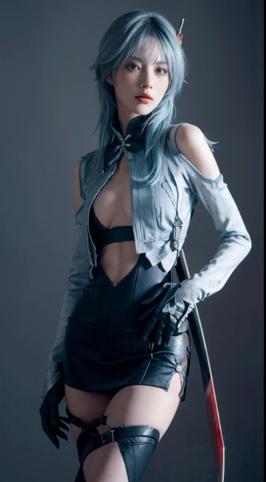 (8K, Top quality, Intricate details, Ultra detail, 超高分辨率, Masterpiece), full bodyesbian, 1girll, Solo, 1 girl, ((Random angles)), ((Small beauty hard )),, ((Tall girl, Skinny, Slim, Tall and lean)), (((fit body))), (((Slim face))), sharpy face, Sharp eyes, (((skyblue hair, Long hair, bangs)) Small lips, Long hair, ((Sexy samurai, mitts, short  skirt， Holding a katana)), Detailed face, detailed breast, Beautiful girl with accentuated slender abs: 1.4, sixpack abs: 1.4, Bust Botox, Big, Perfect body, Detail legs, Background: Simple gray walls，Deep shadows，