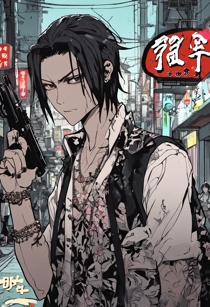 In a Japanese city in the 90s, there was long shiny black hair, young punk, yakuza appearance, cool clothes, undergrond punk yakuza style, evil smile, evil gaze, teenager, water paint, look at you with big eyes, one hand with a cigarette in the mouth, and another hand with a gun, a japanese toril bow with sakuras and a moon in the background, full moon, tertiary colors