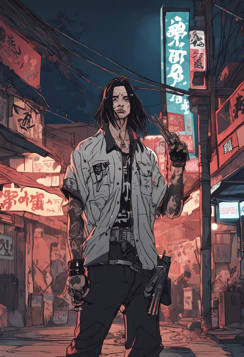 In a Japanese city in the 90s, there was long shiny black hair, young punk, yakuza appearance, cool clothes, undergrond punk yakuza style, evil smile, evil gaze, ager, water paint, look at you with big eyes, one hand with a cigarette in the mouth, and another hand with a gun, a japanese toril bow with sakuras and a moon in the background, full moon, tertiary colors