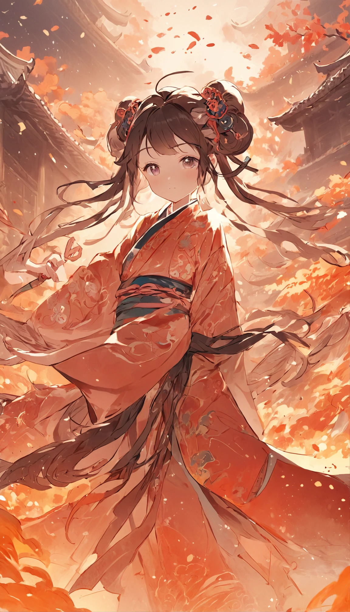Traditional Chinese style graphic illustration，Song Dynasty Style，Autumn cloudscape，Traditional Chinese Ancient Architecture，Traditional costumes of ancient China，Traditional Ancient Chinese Hairstyles。ultra wide-angle，epicd，Works of masters，number々Awards for, (Holding a naginata)
