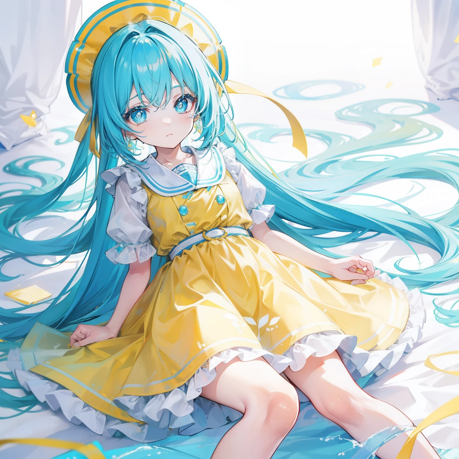 Glowing light cyan yellow with hair and pupils，Clothes in blue, yellow and white，Sweet  girl，The whole is shining